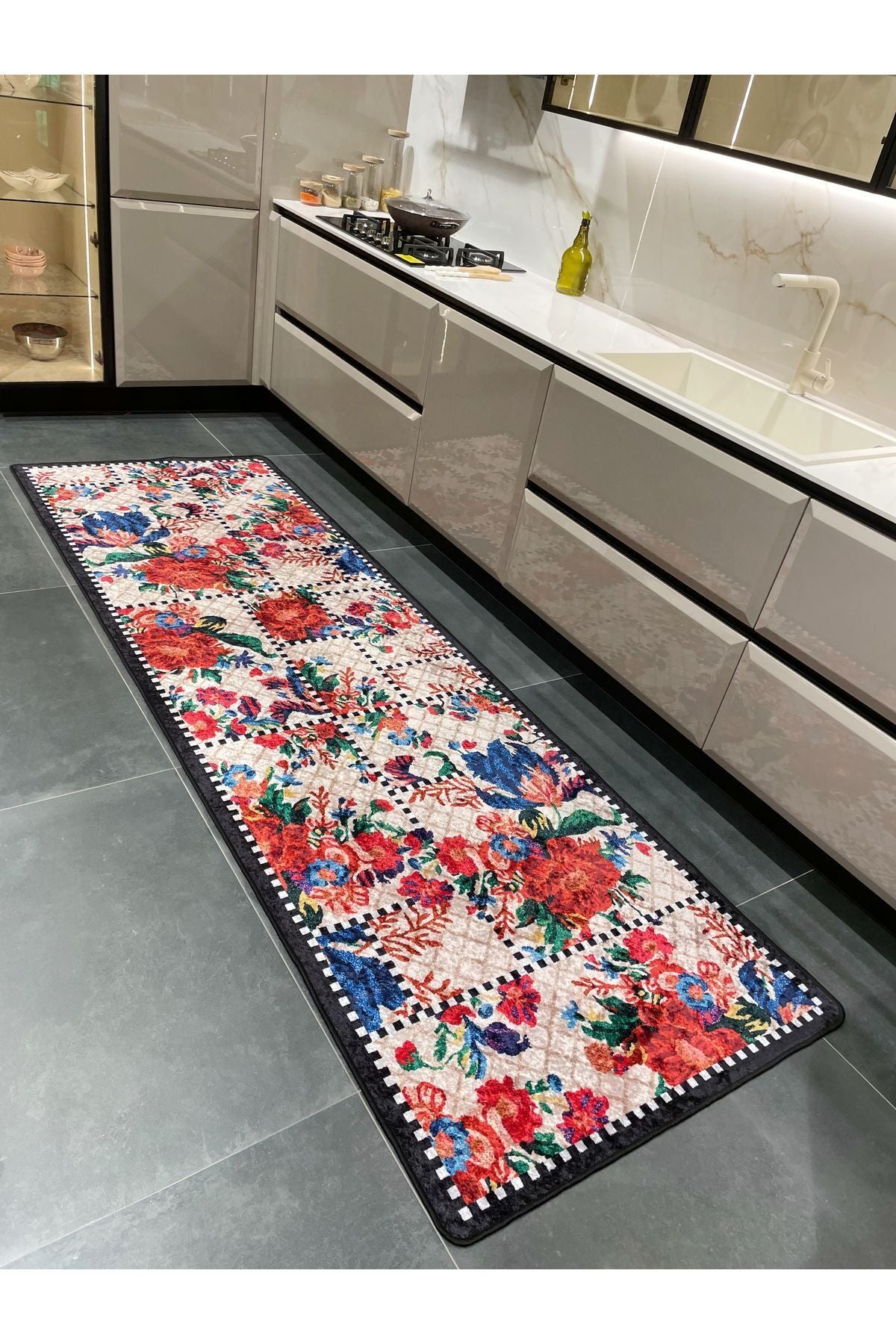 Beige Black Floral Checkered Kitchen Rug