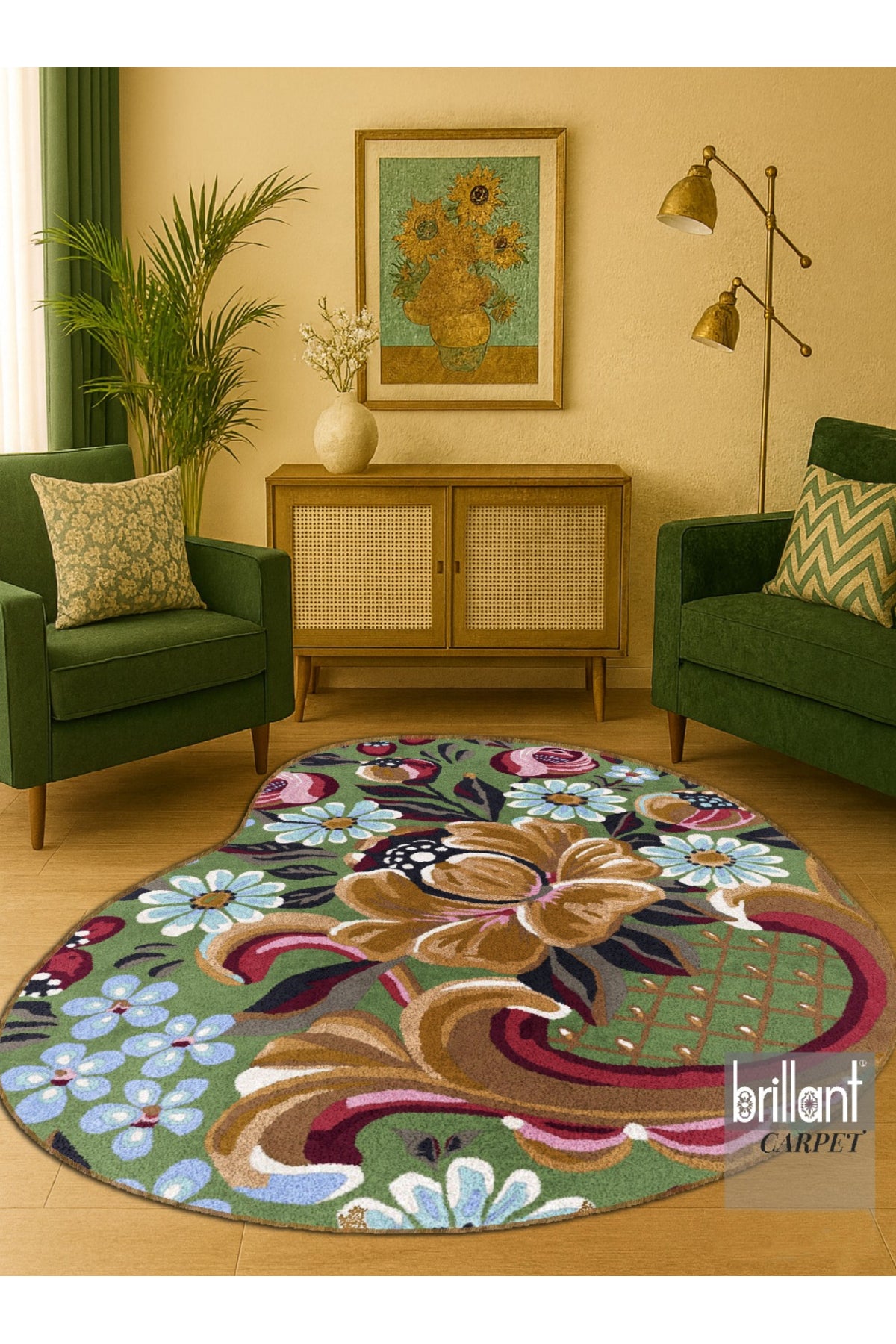 Green Floral Pattern Latex Base Rug