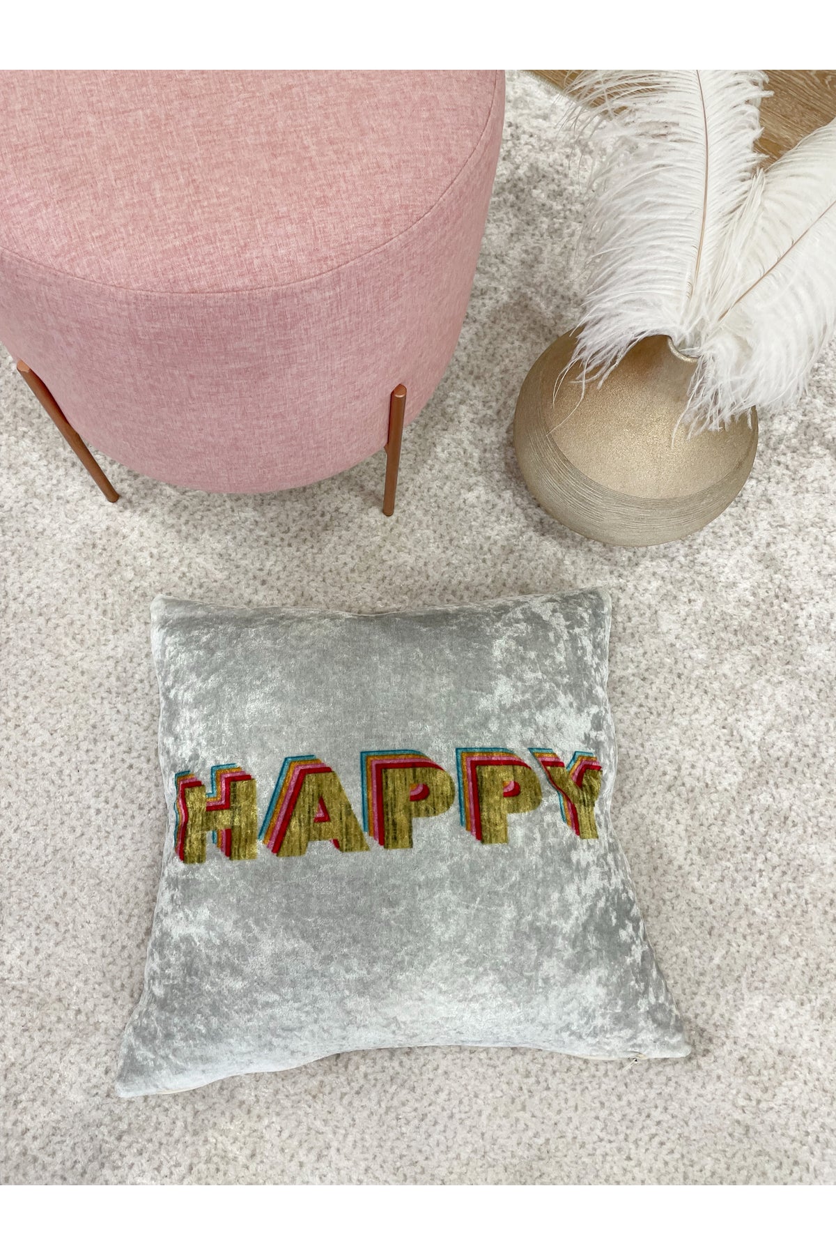 %100 Velvet "Happy" Text Print Cushion Cover (Gray)