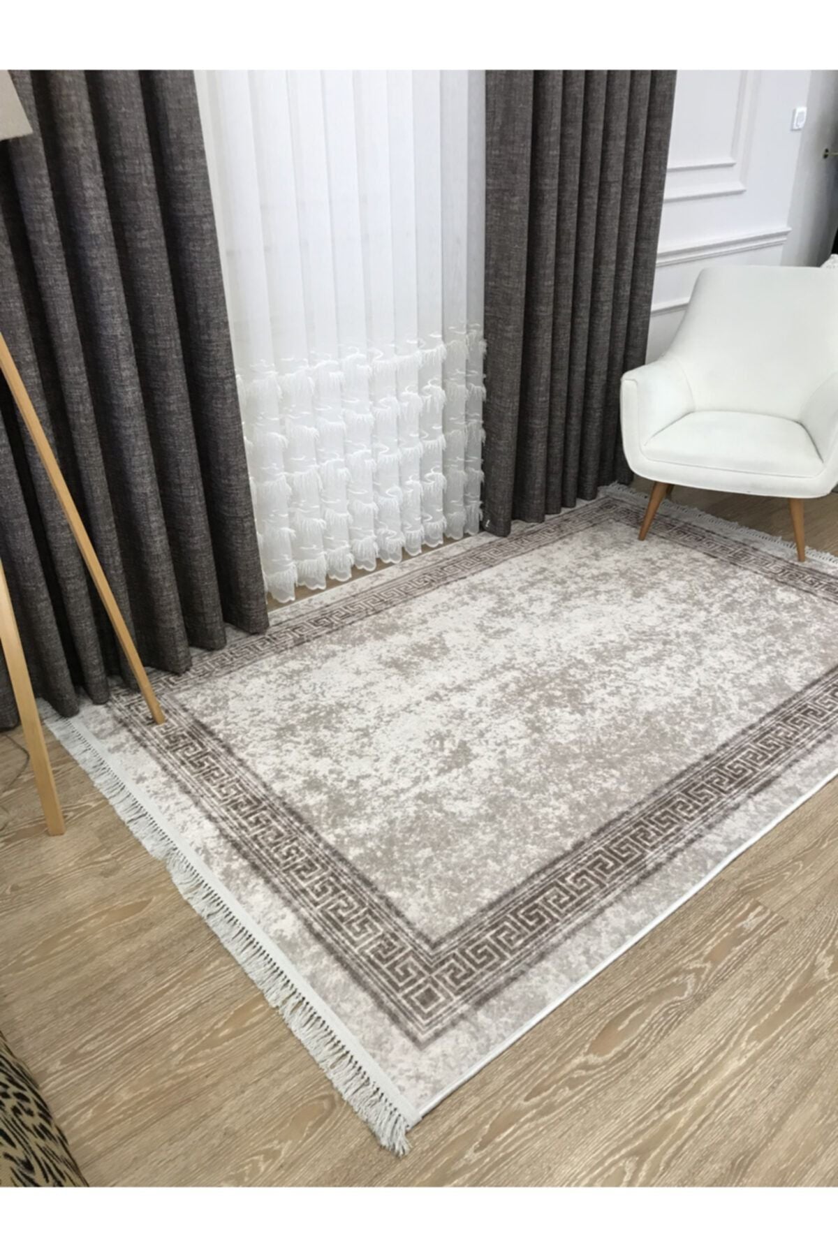 Brown Mink Bordered Latex Base Fringed Rug