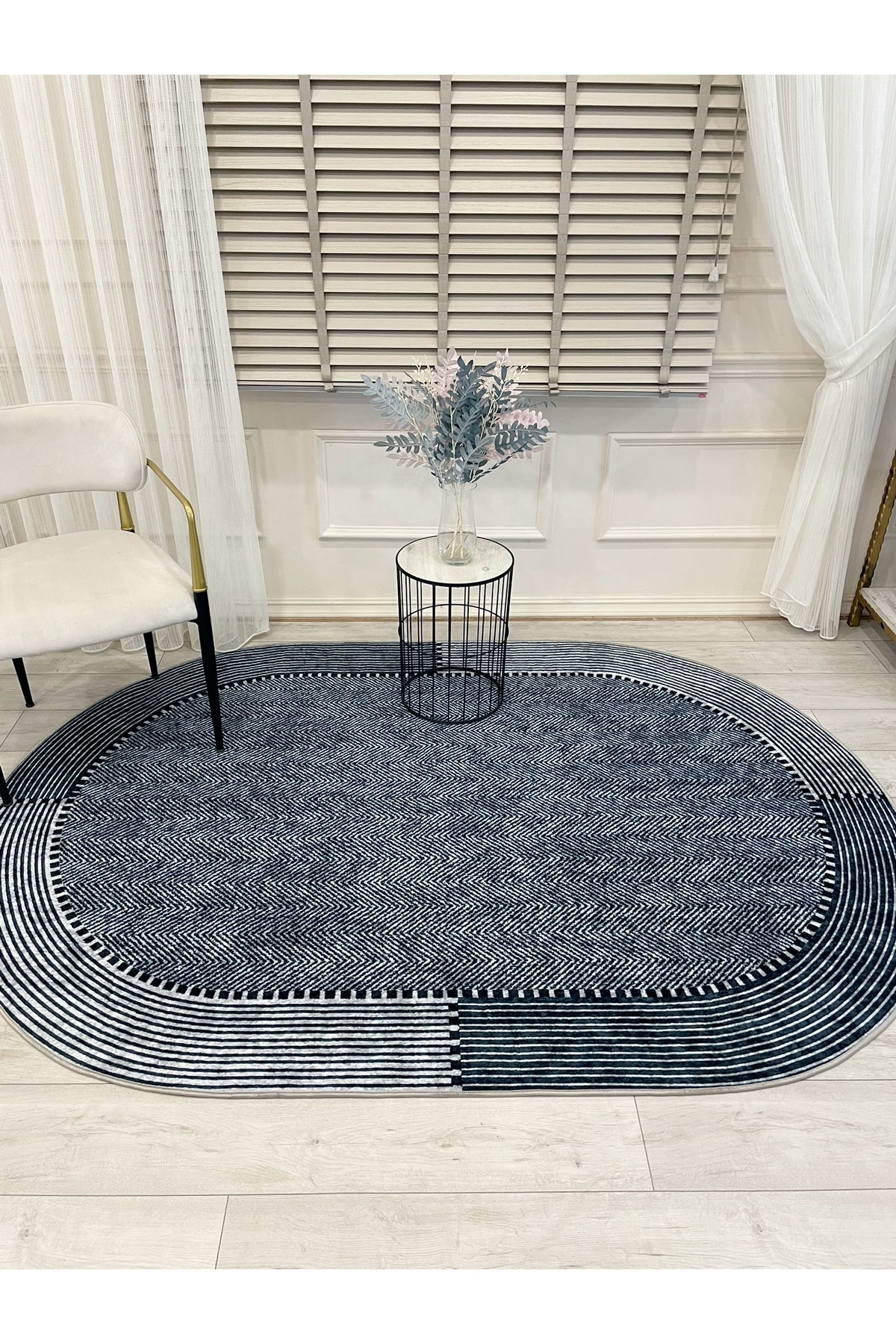 GRAY-NAVY Jute Sisal Look Non-Slip Base Rug