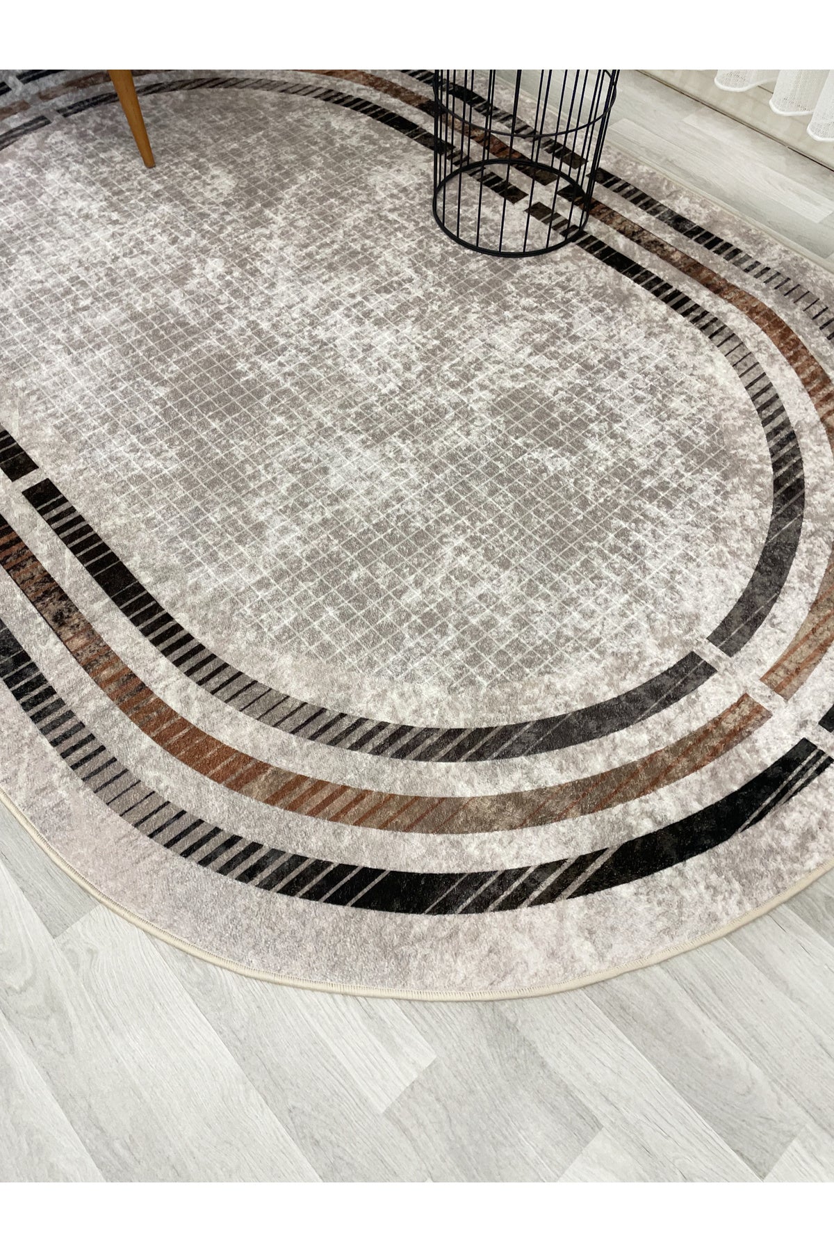 BEIGE Striped Bordered Non-Slip Base Framed Rug