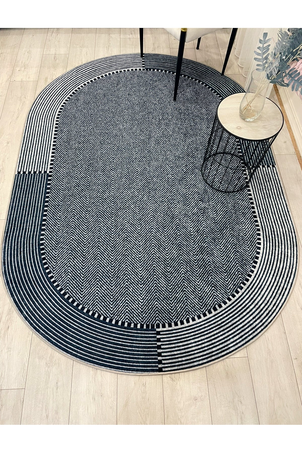 GRAY-NAVY Jute Sisal Look Non-Slip Base Rug