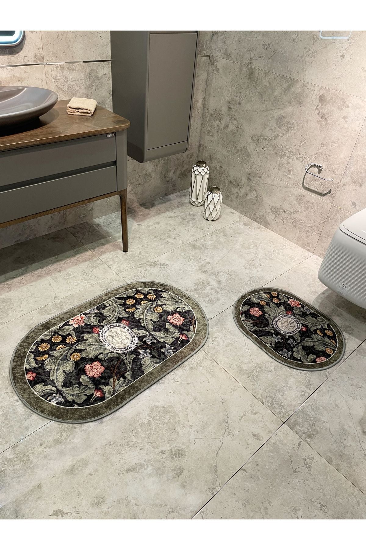 2-Piece Floral Pattern 60x100 - 60x50 Botanic Latex-Backed Bath Mat Set