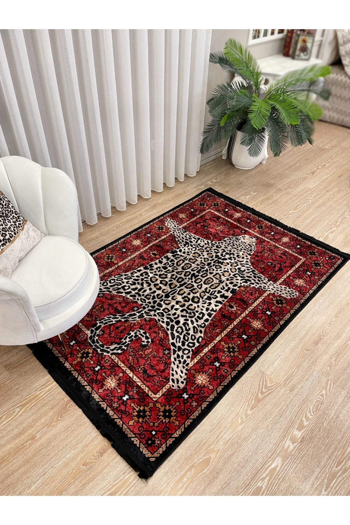 Etnik Leopar Desenli Dekoratif Halı - Pembe