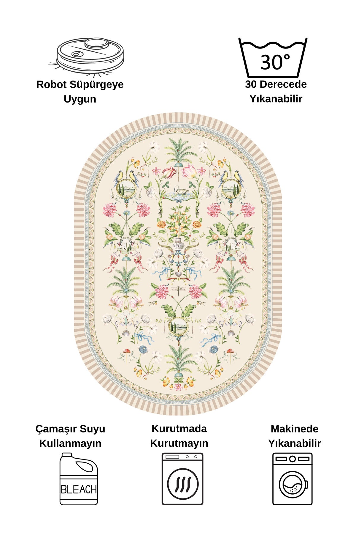 Beige Floral Bird Patterned Latex Leather Base Rug