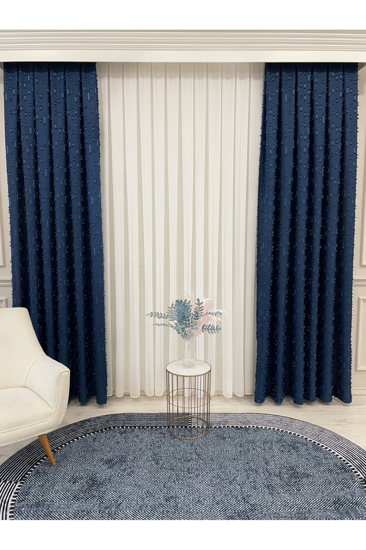 Indigo Blue Pompom Puffy Blackout Curtain 1/3 Dense Pleat