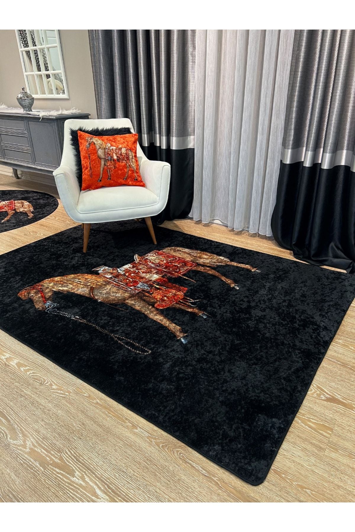 Horse Pattern Latex-Backed Round Rug