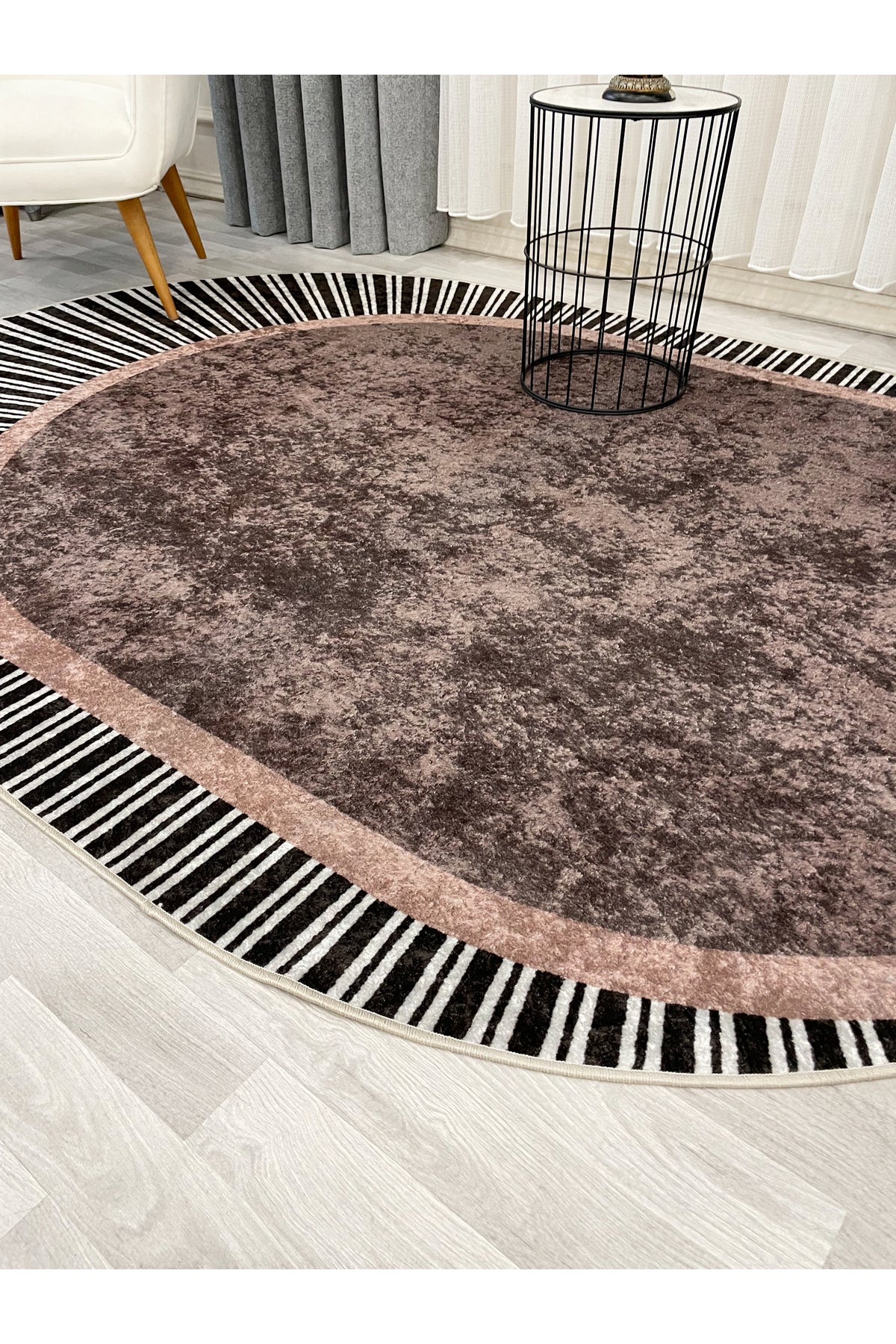 GREEN Striped Oval Non-Slip Base Rug