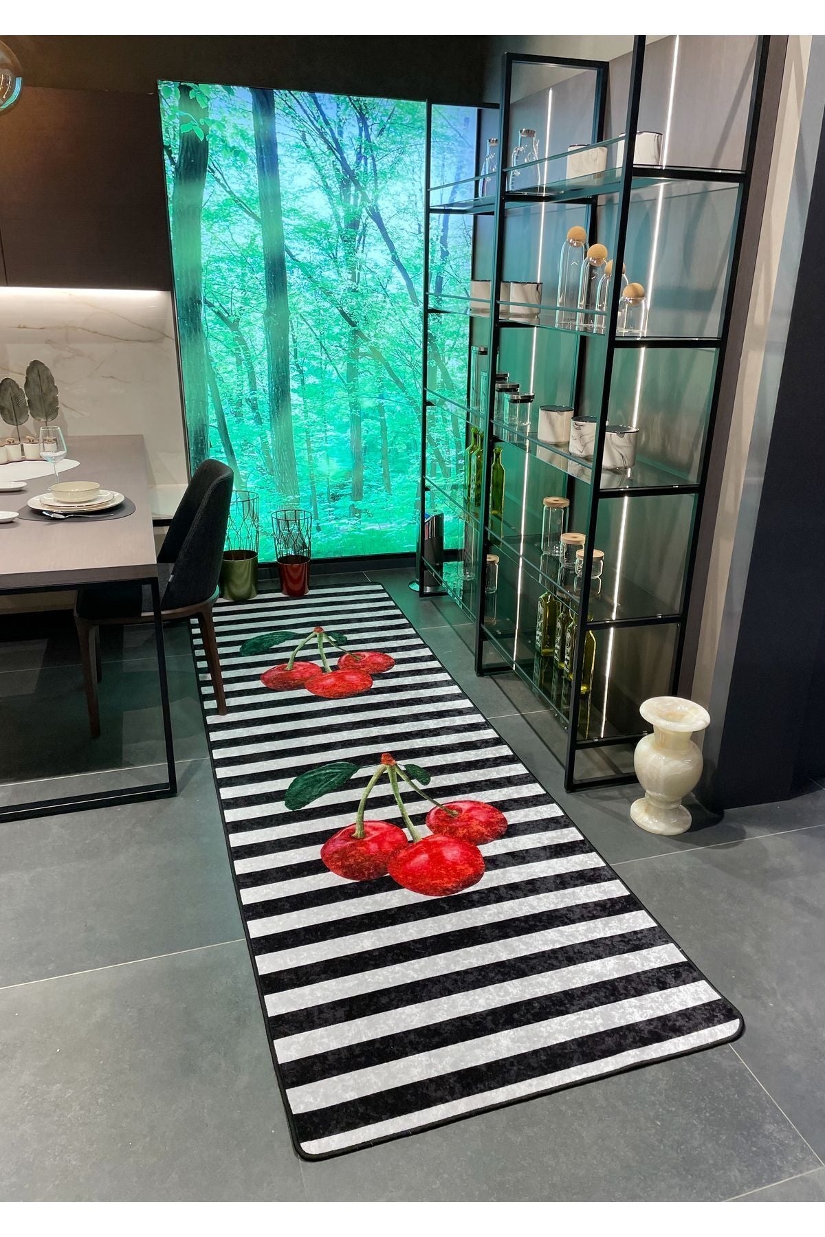 Cherry Striped Latex Leather-Backed Kitchen Rug - GRAY-BLACK