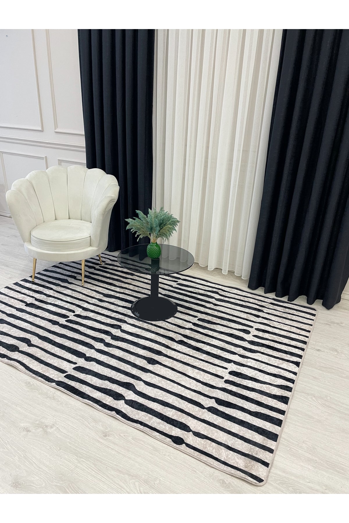 Beige-Black Abstract Look Latex Leather Base Rug