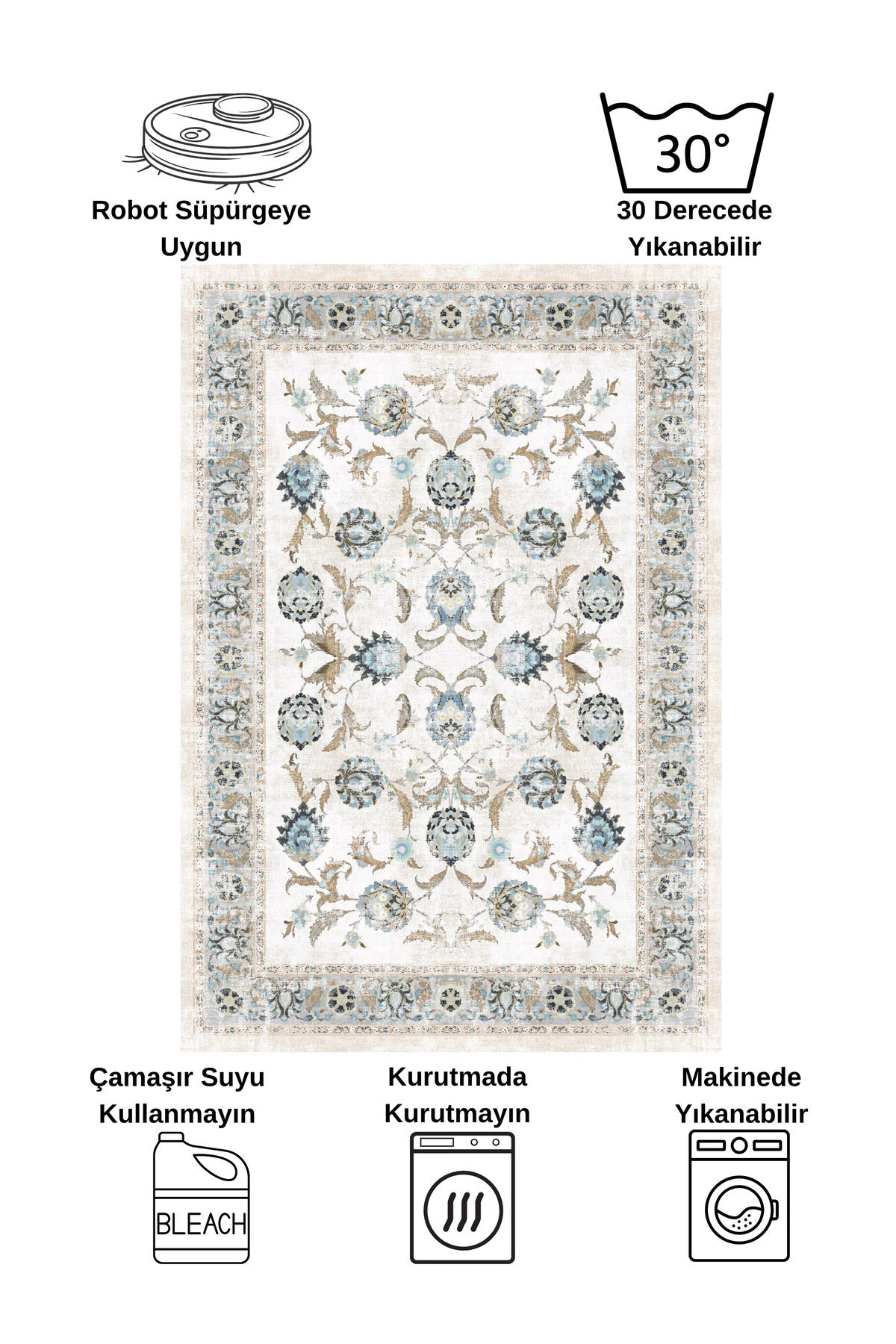 BEIGE-BLUE Traditional Distressed FRINGED Classic Non-Slip Base Rug