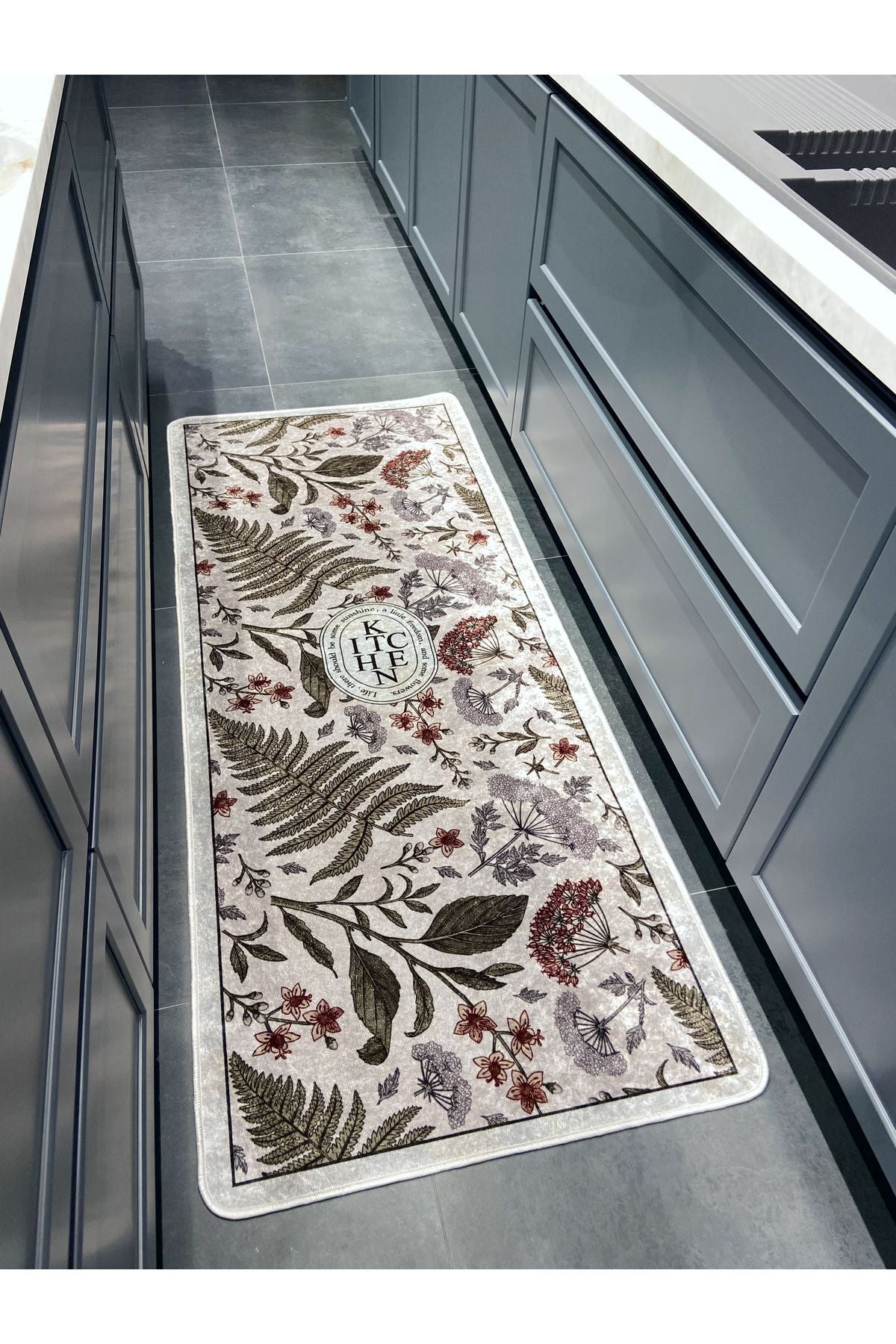Floral Pattern Latex Leather-Backed Kitchen Rug GRAY