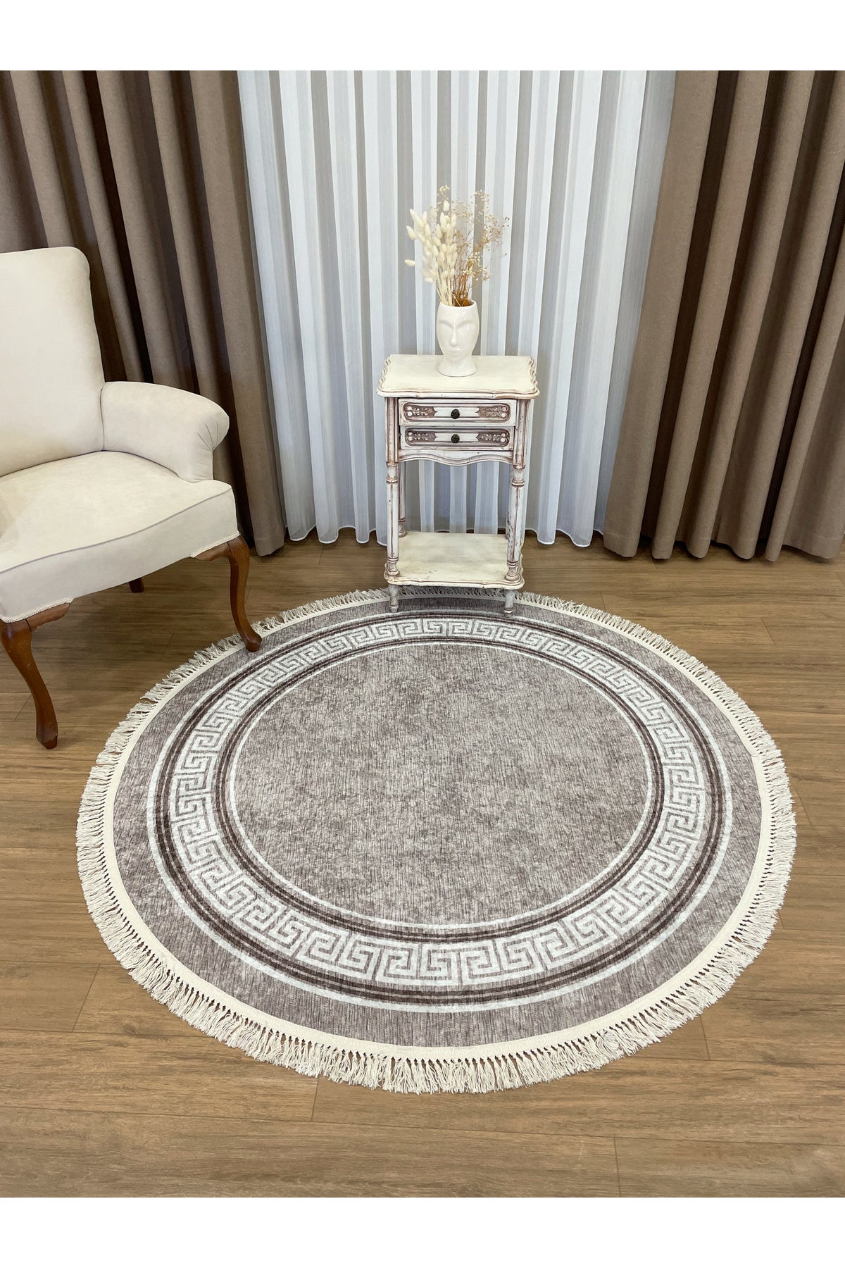 Brown Mink Bordered Latex Base Fringed Rug