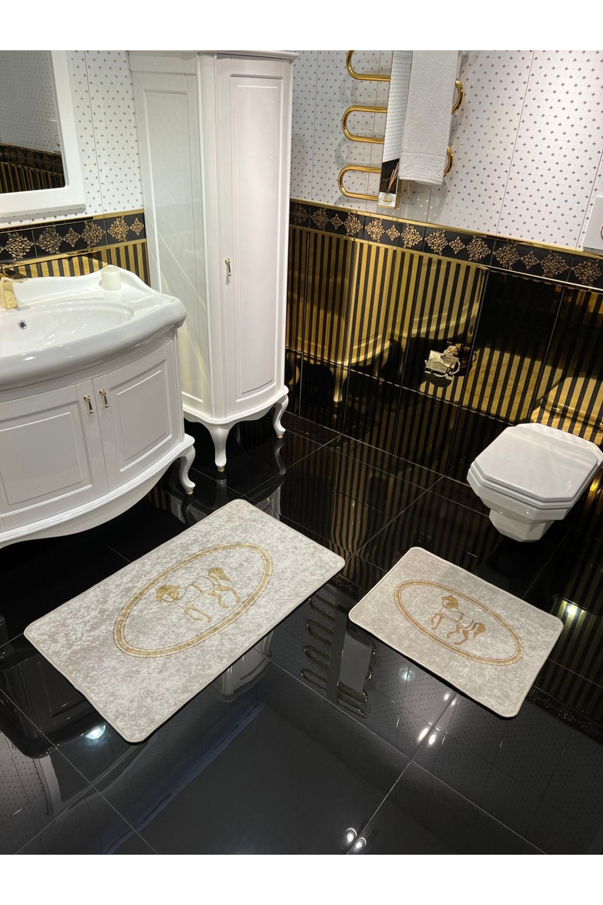 Black Horse Pattern 2-Piece Leather Base Bathroom Mat Set (60x100 - 60x50)