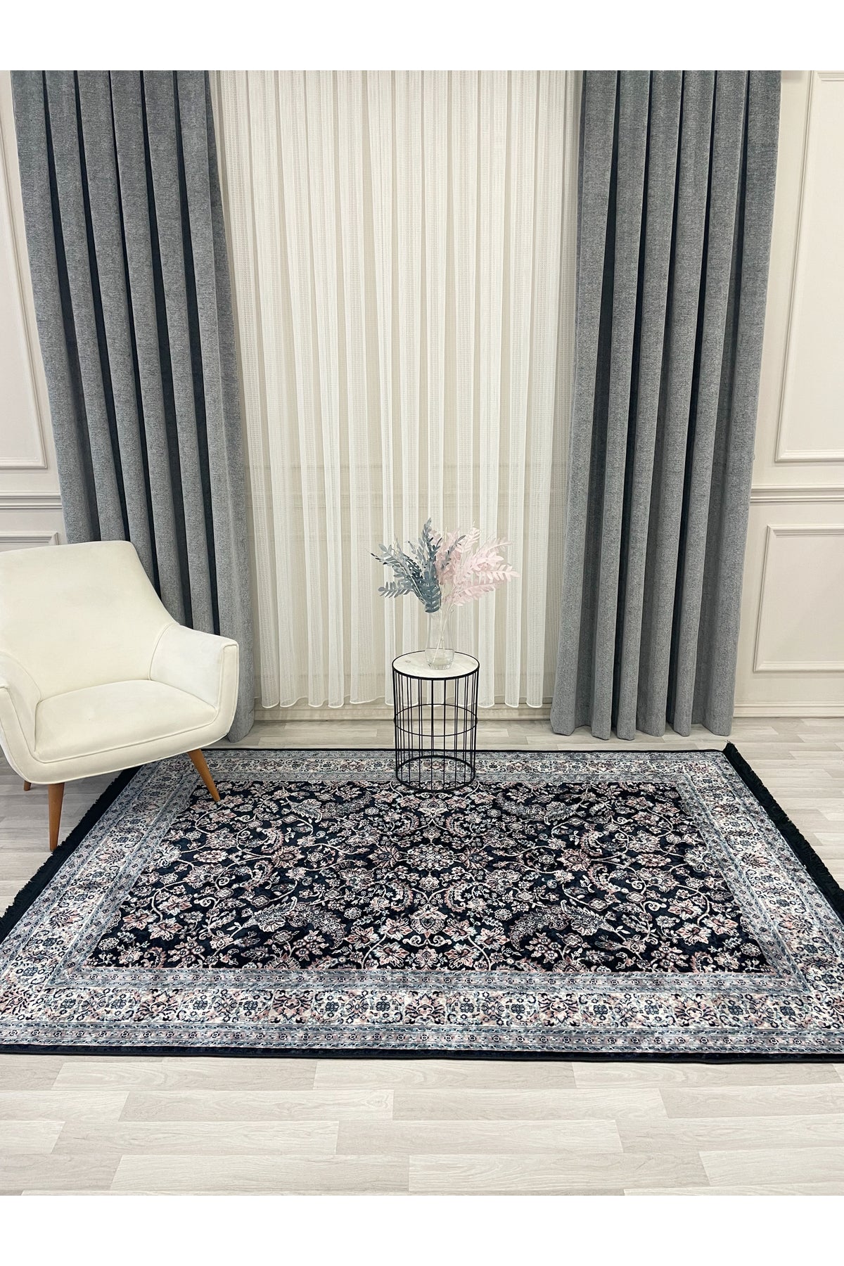 NAVY BLUE Traditional Motif FRINGED Classic Non-Slip Base Rug