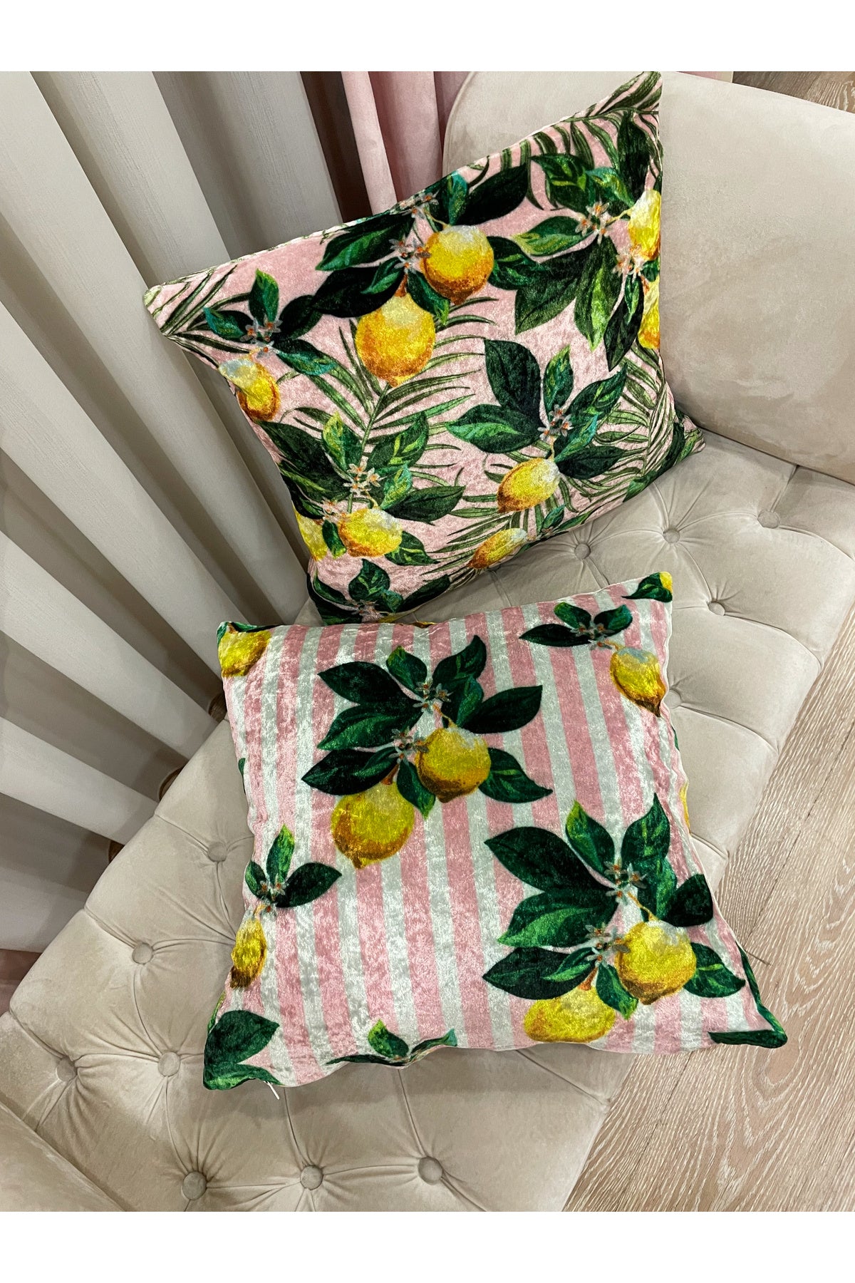 Set of 2 Lemon Pattern Velvet Cushion Pillow Cover (Pink)