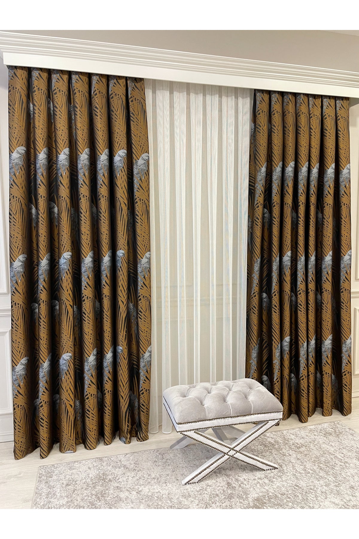 Brown-Navy Blue Bird Patterned 1/3 Dense Pleated Blackout Curtain