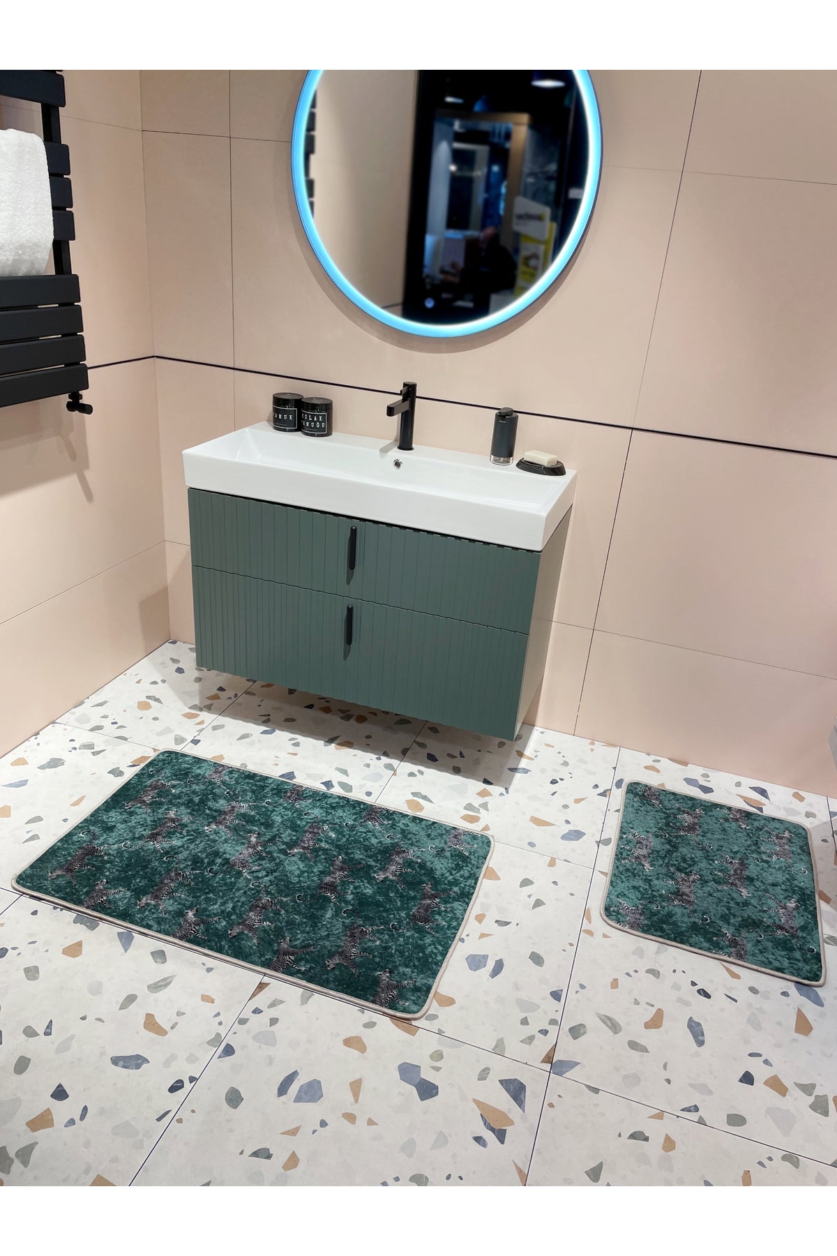 Set of 2 Latex Leather-Backed Bathroom Rug Set (60X100 - 60X50) Dark Gray