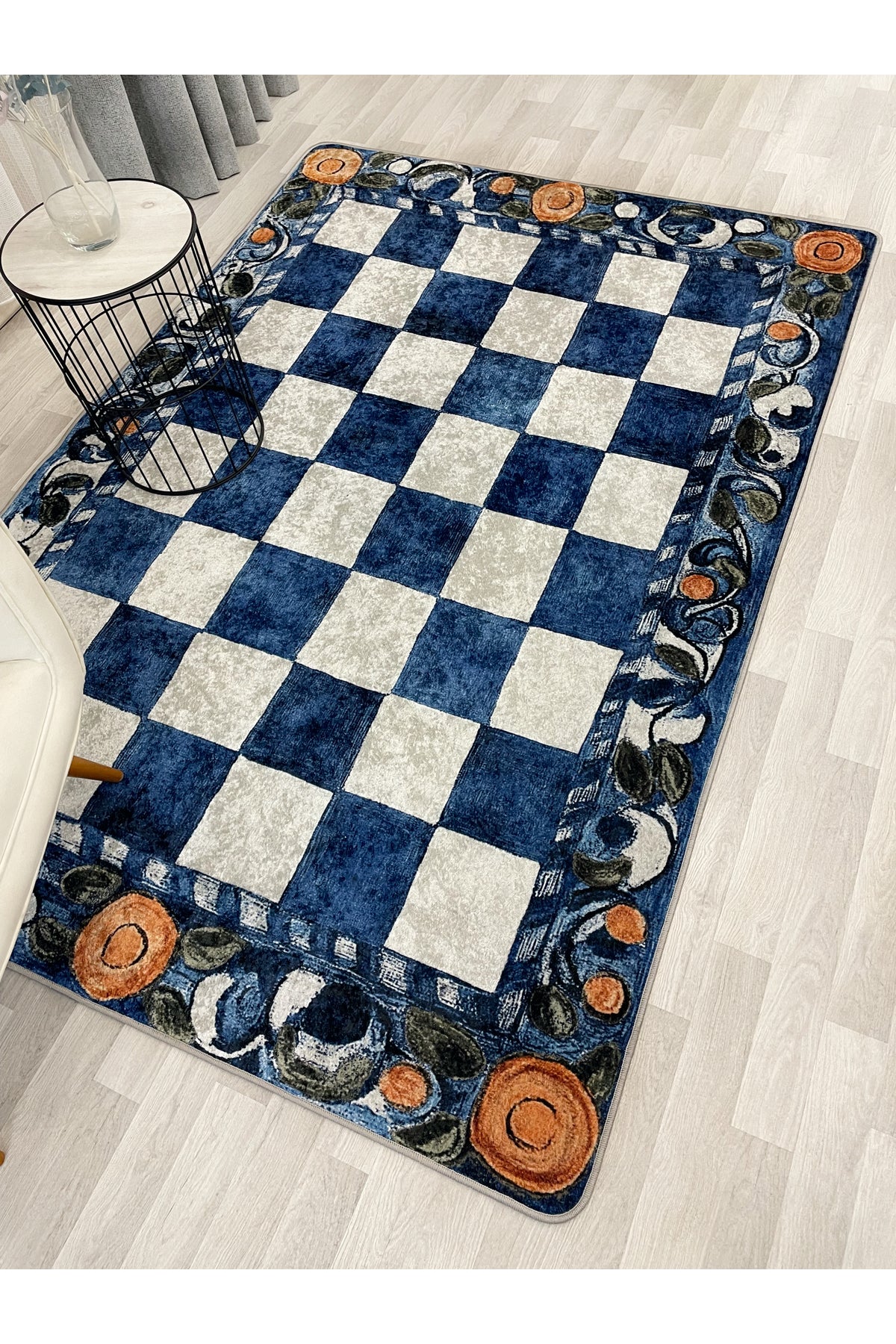 Beige Orange Checkered Pattern Non-Slip Base Kitchen Rug