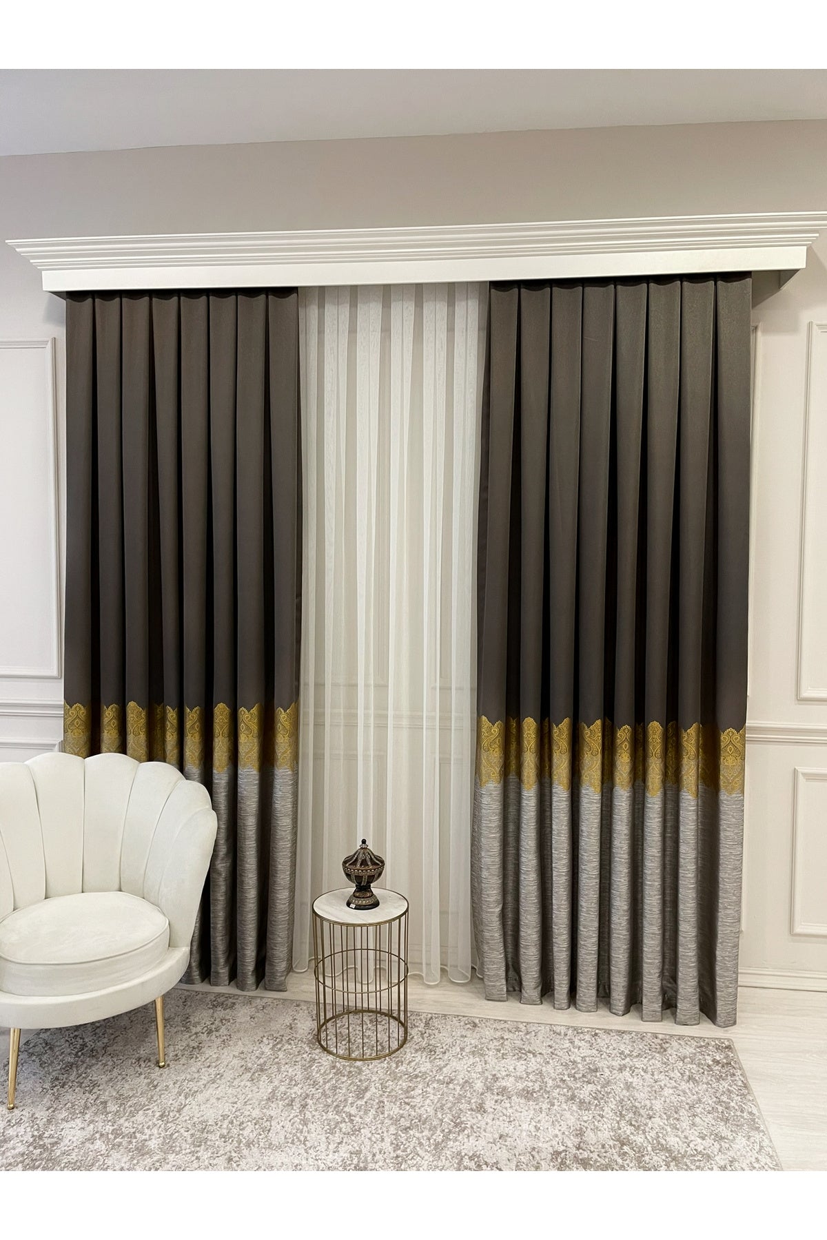 Brown Gold - Damask Patterned 1/3 Dense Pleated Blackout Curtain