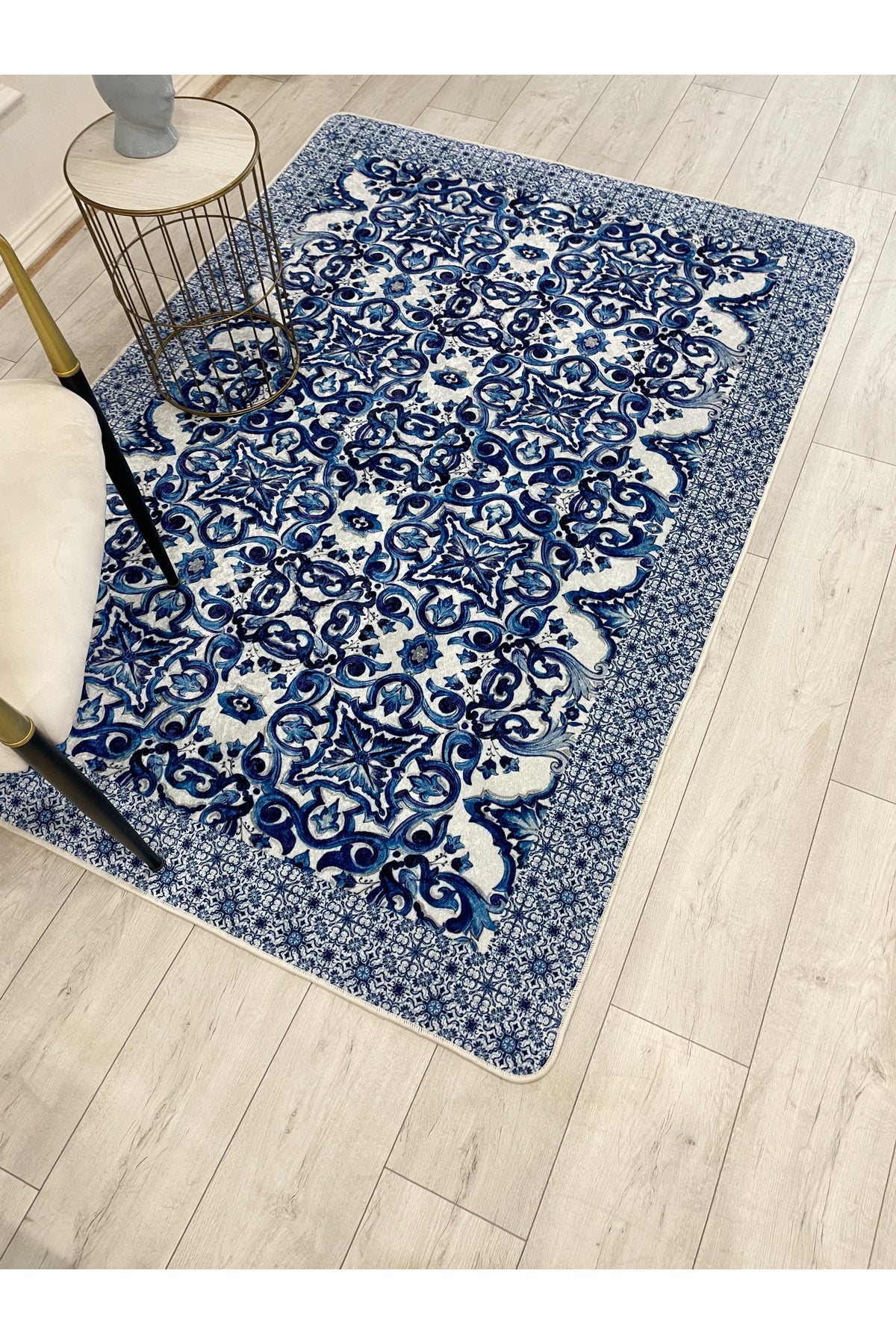 Navy Blue-Gray Blue Blanc Modern Latex Non-Slip Base Rug