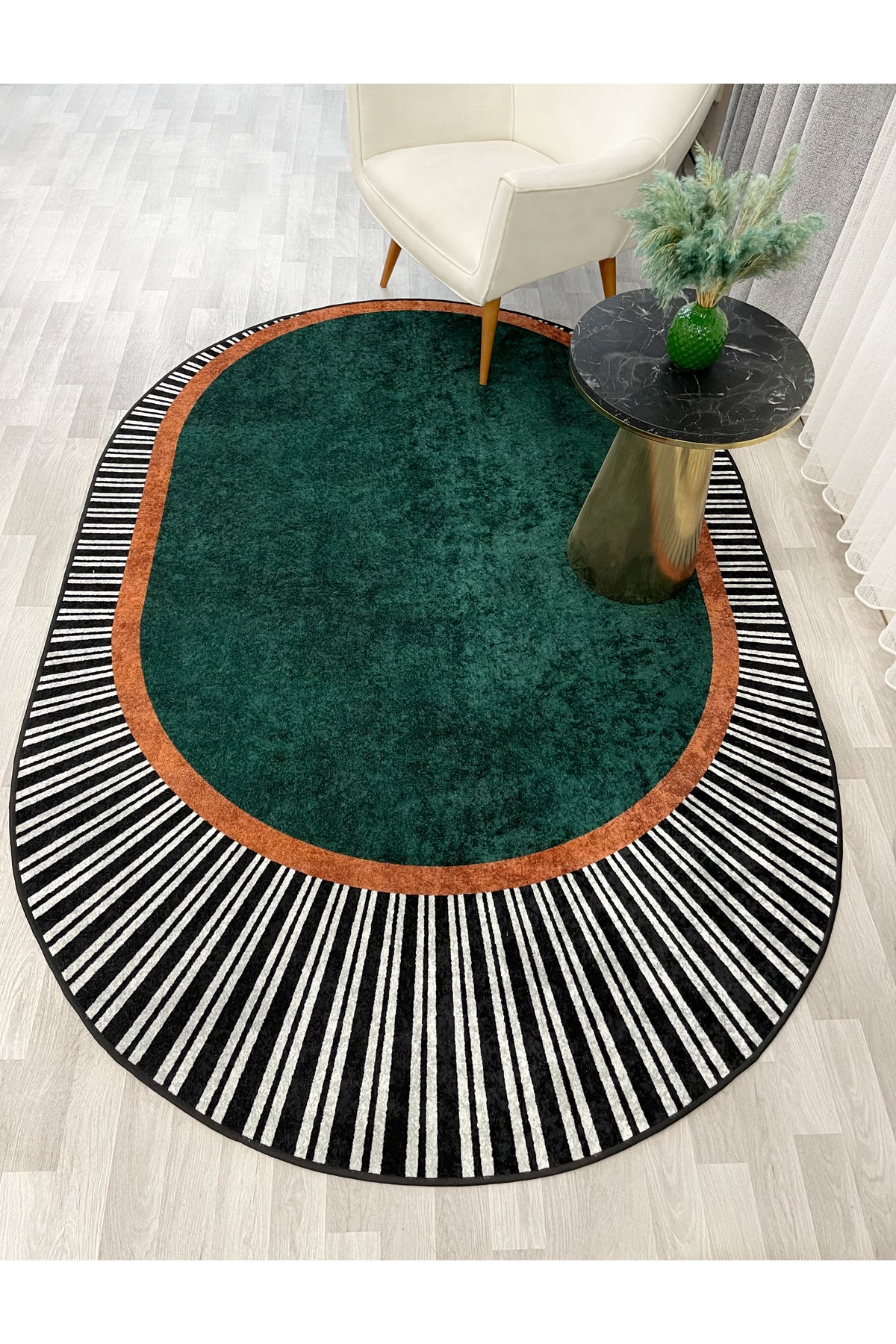 GREEN Striped Oval Non-Slip Base Rug