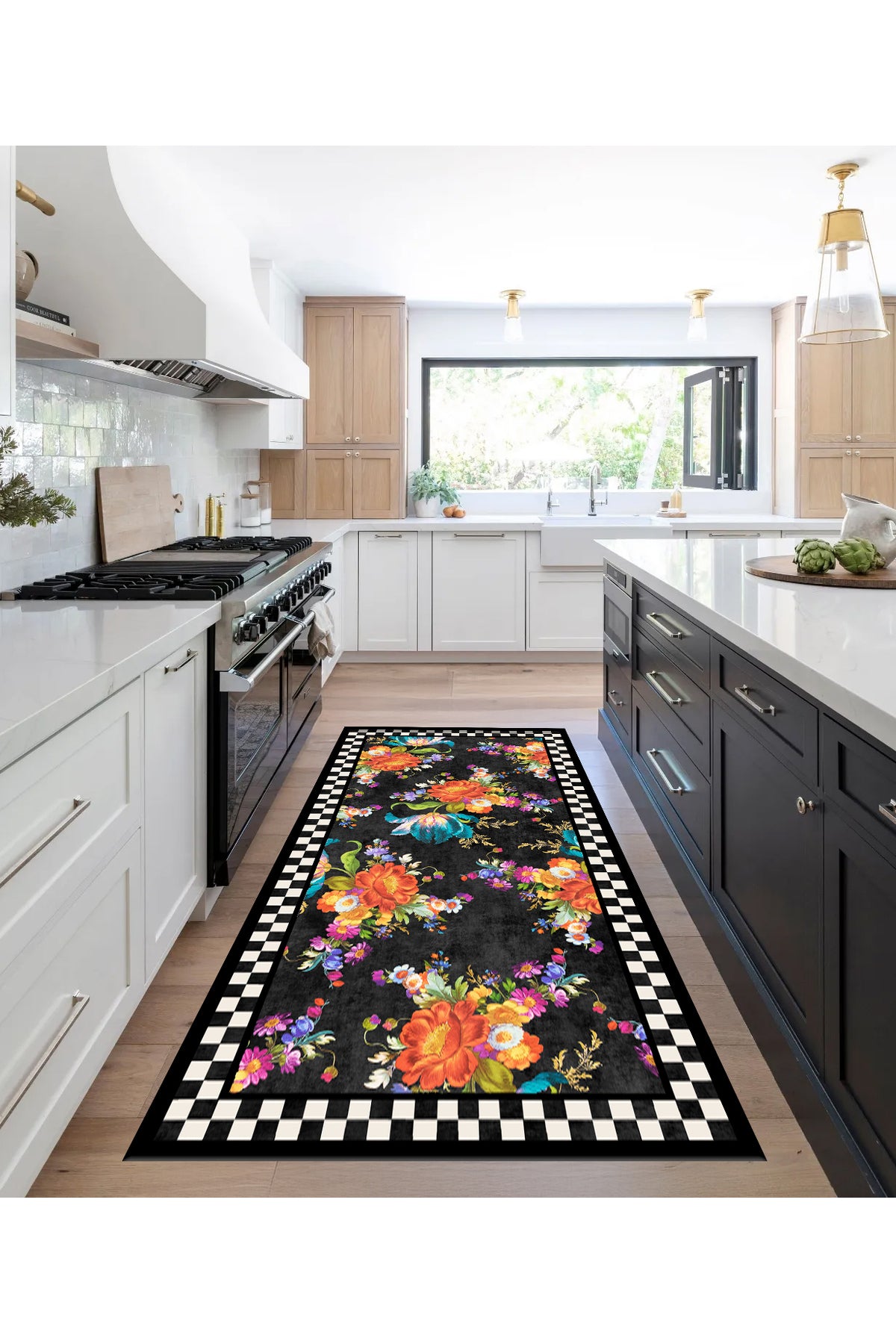 Floral Checkered Latex-Backed Fringe-Free Runner Kitchen Rug