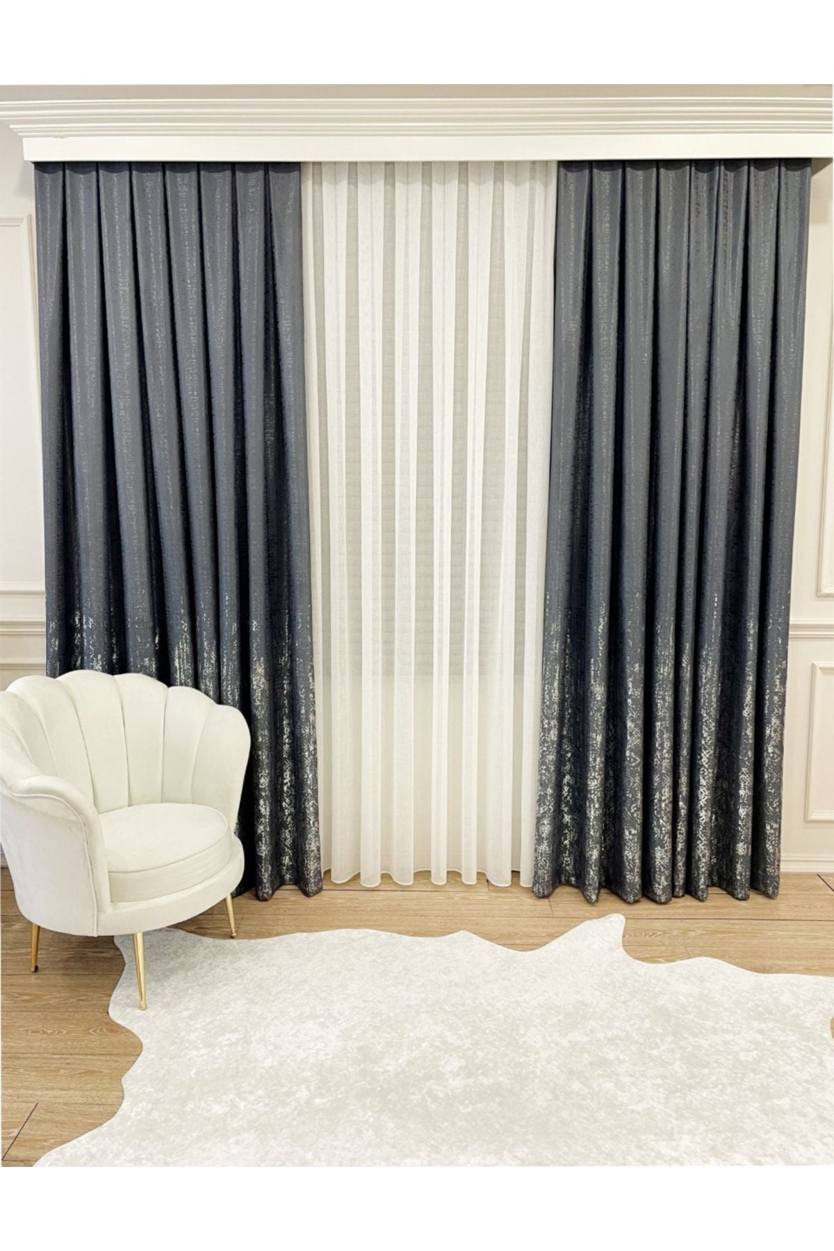 Jacquard Ground Foil Print 1/3 Dense Pleat Blackout Curtain - Beige - Gold Foil