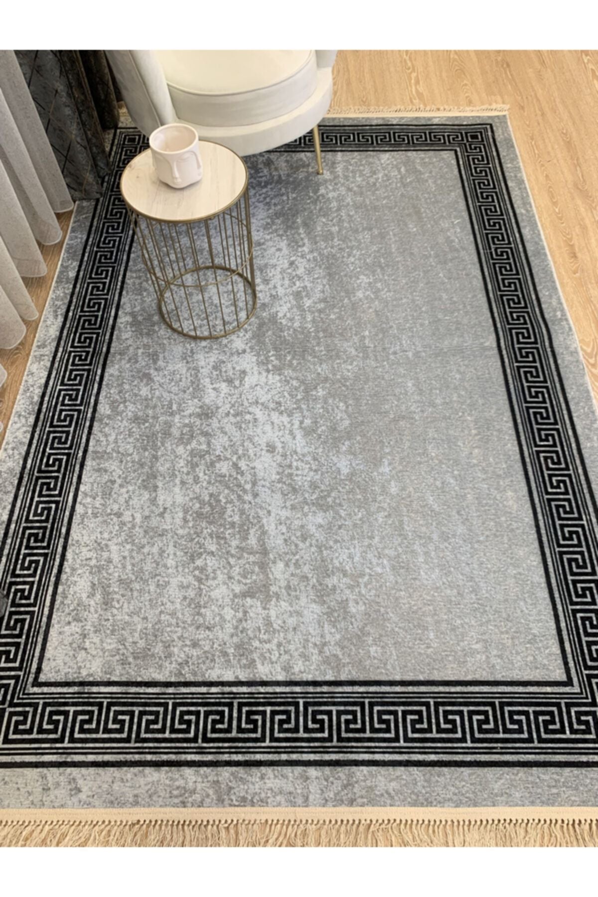 Brown Mink Bordered Latex Base Fringed Rug