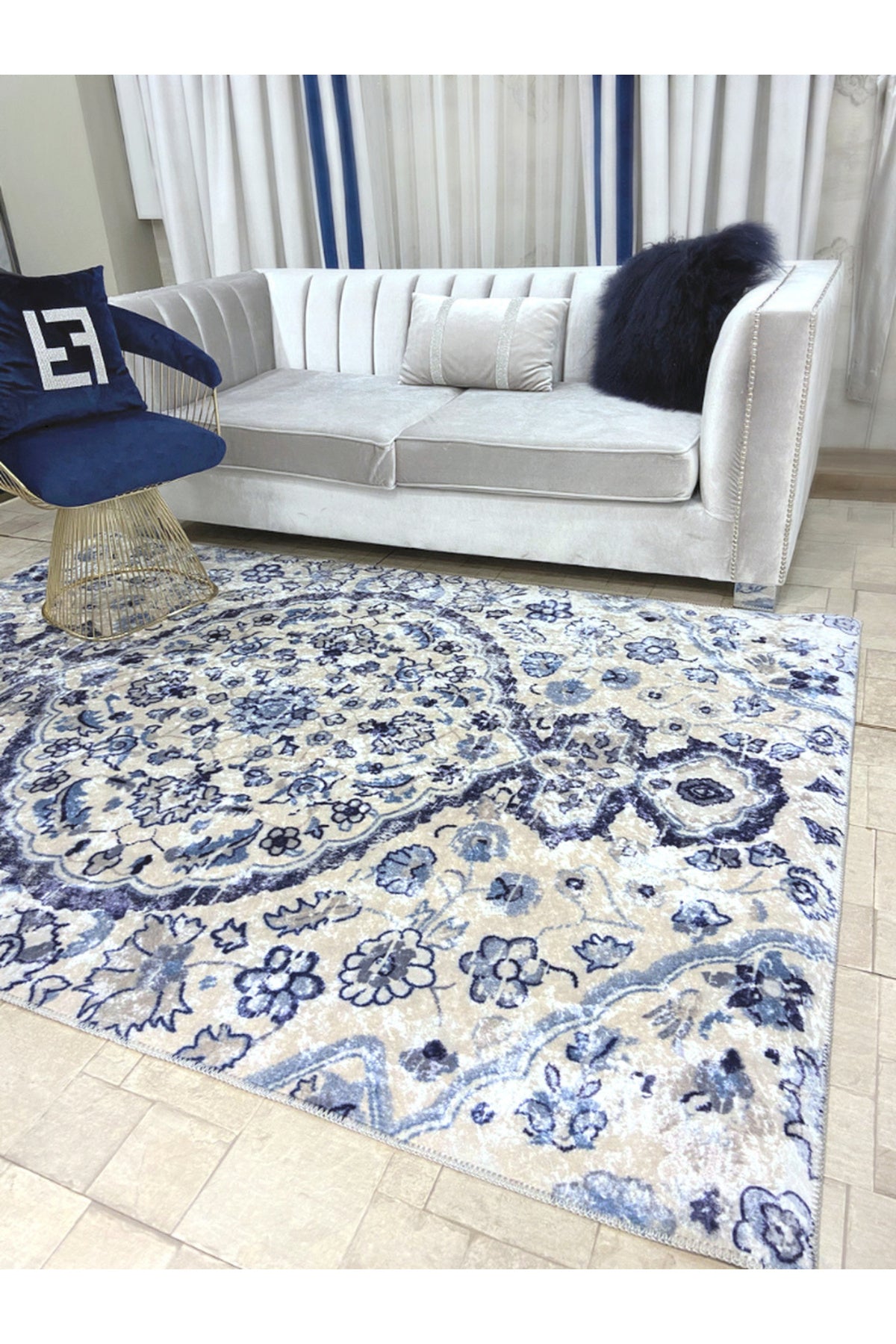 Etnik Desen Saçaksız Lateks Deri Taban Modern Halı