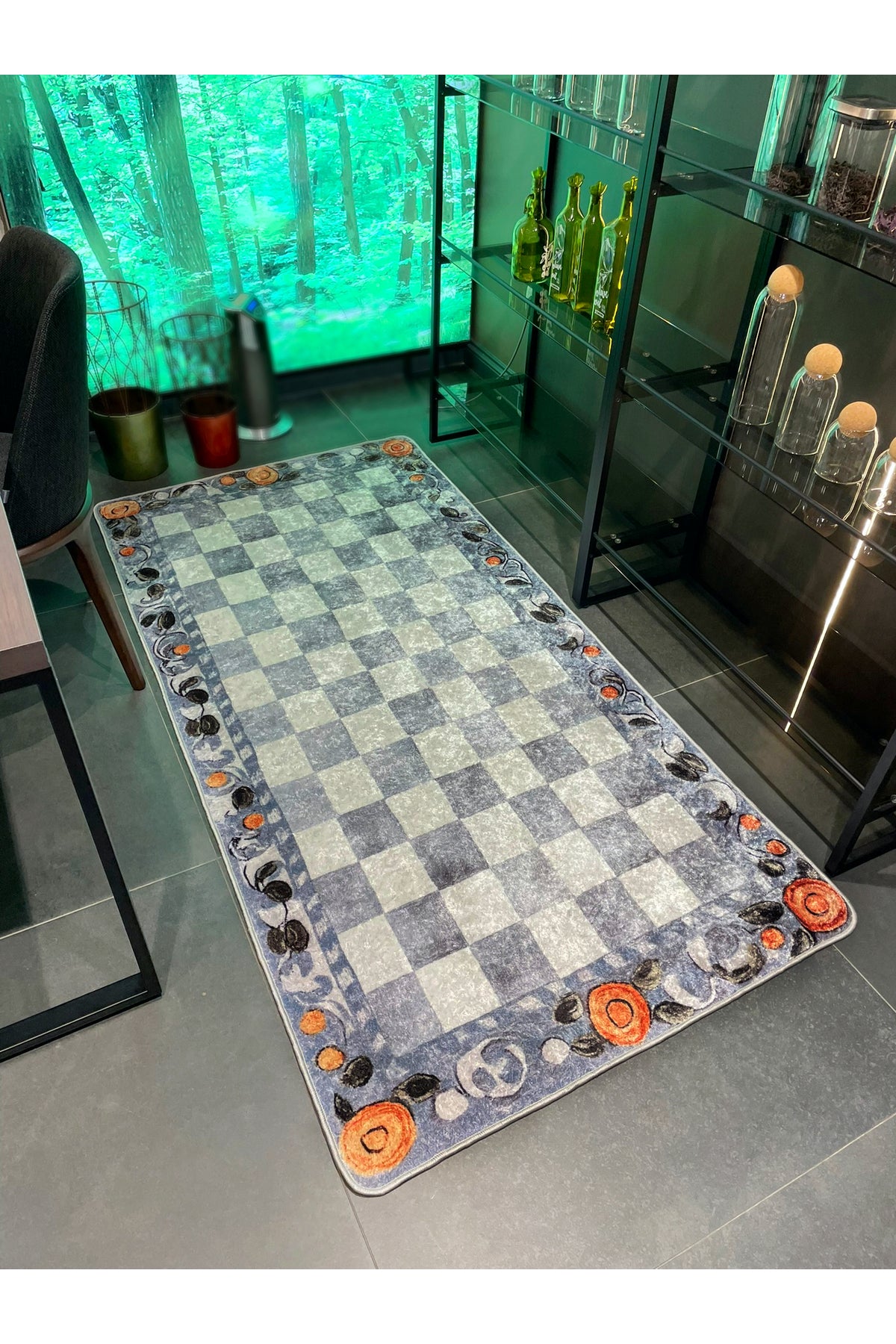 Beige Orange Checkered Pattern Non-Slip Base Kitchen Rug