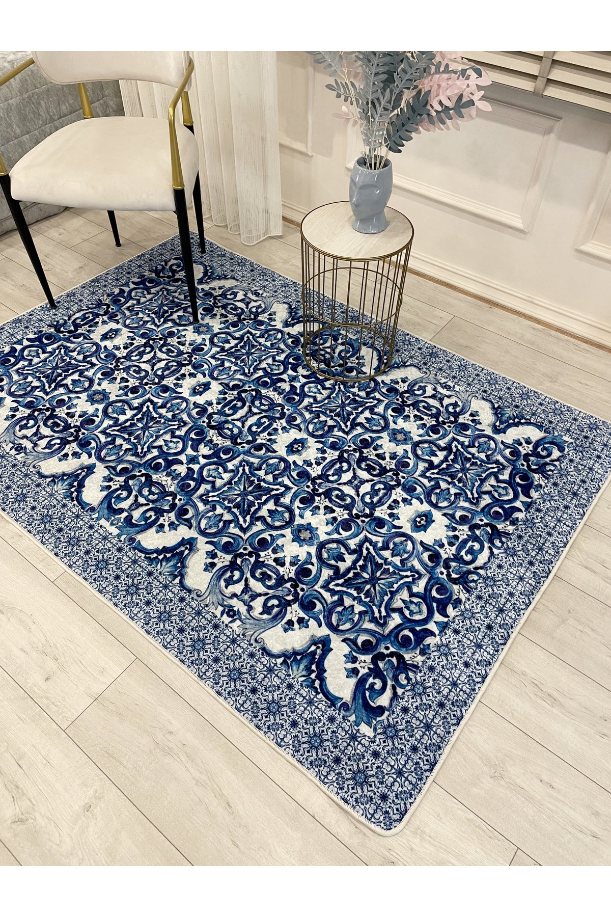 Navy Blue-Gray Blue Blanc Modern Latex Non-Slip Base Rug