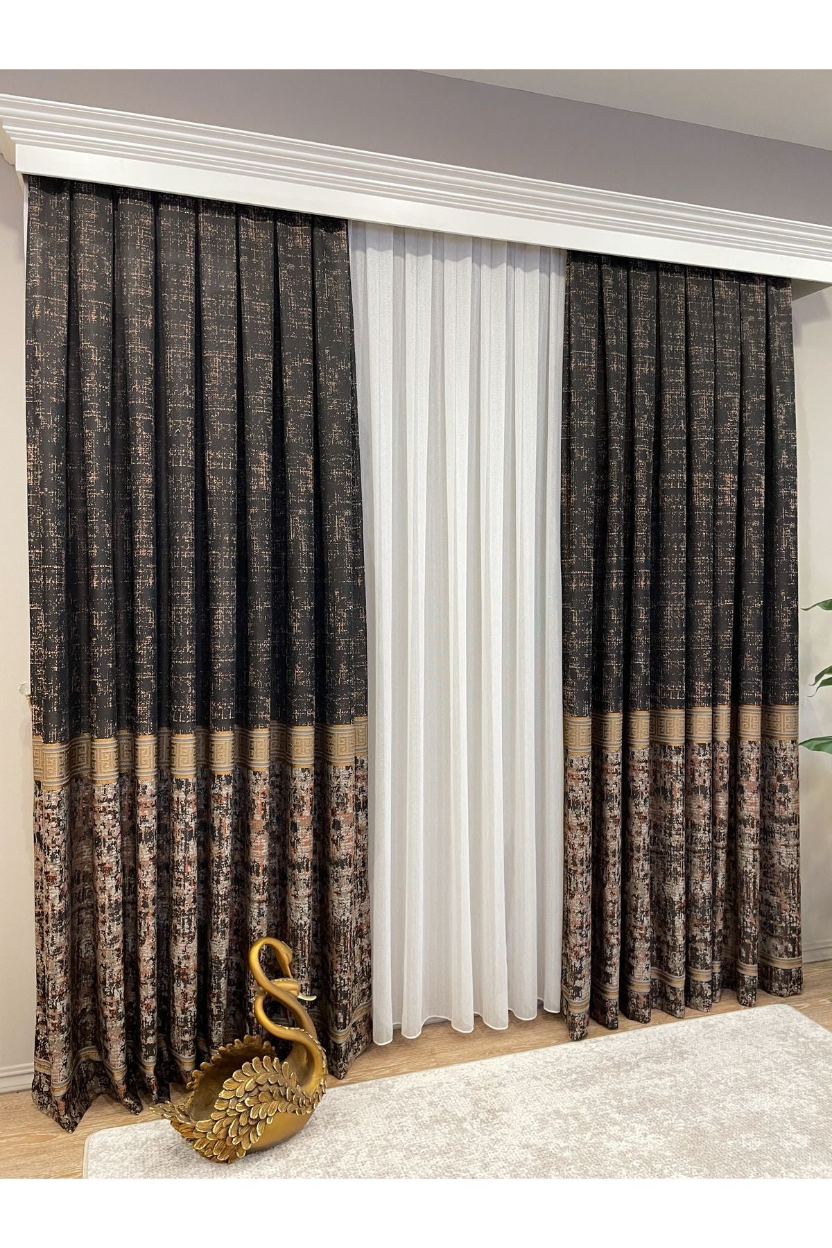 Gray Anthracite Bordered Pattern 1/3 Tight Pleat Jacquard Woven Blackout Curtain