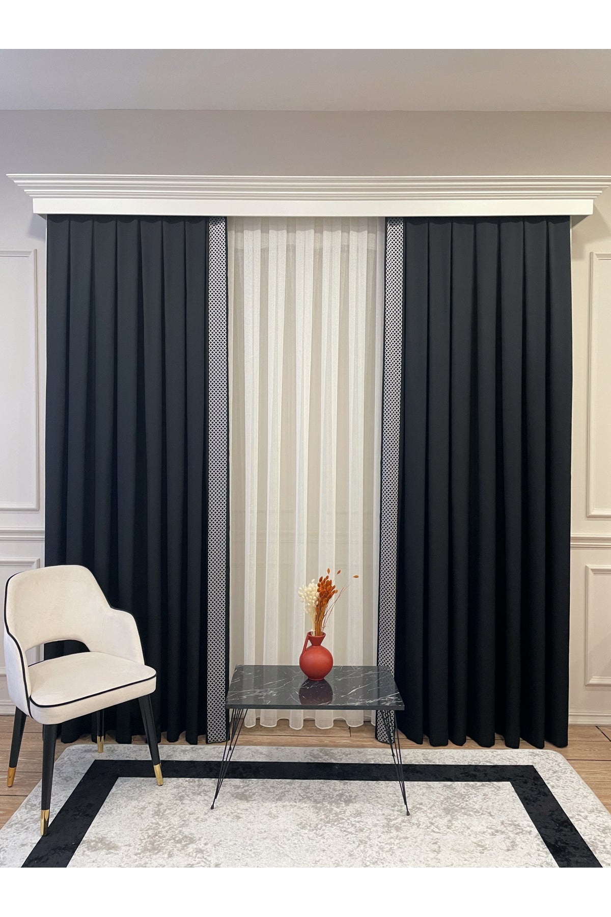 Panel Pattern Jacquard 1/3 Dense Pleat Blackout Curtain - Anthracite Gray - Gold Border