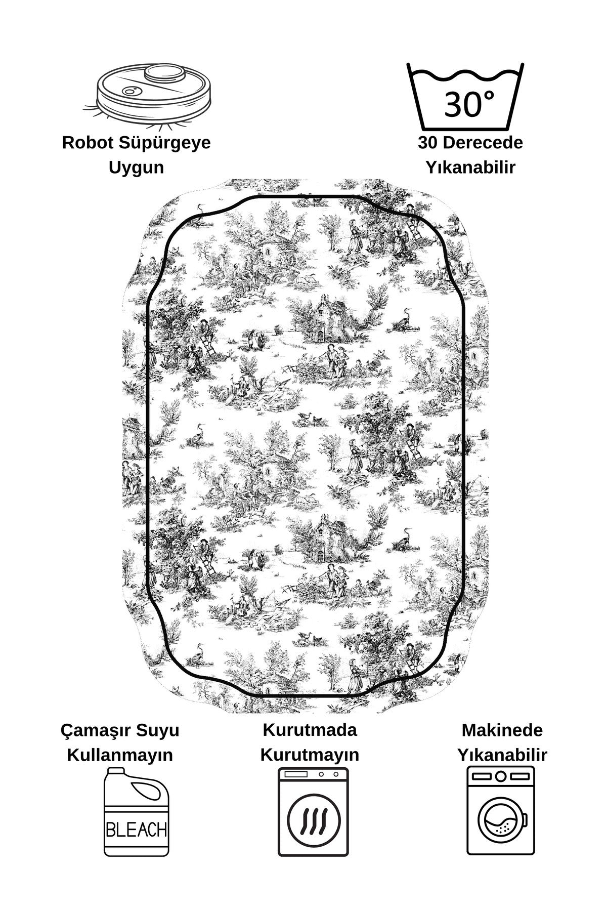 Toile de Jouy Themed Single Latex Base Bathroom Mat (80X120)