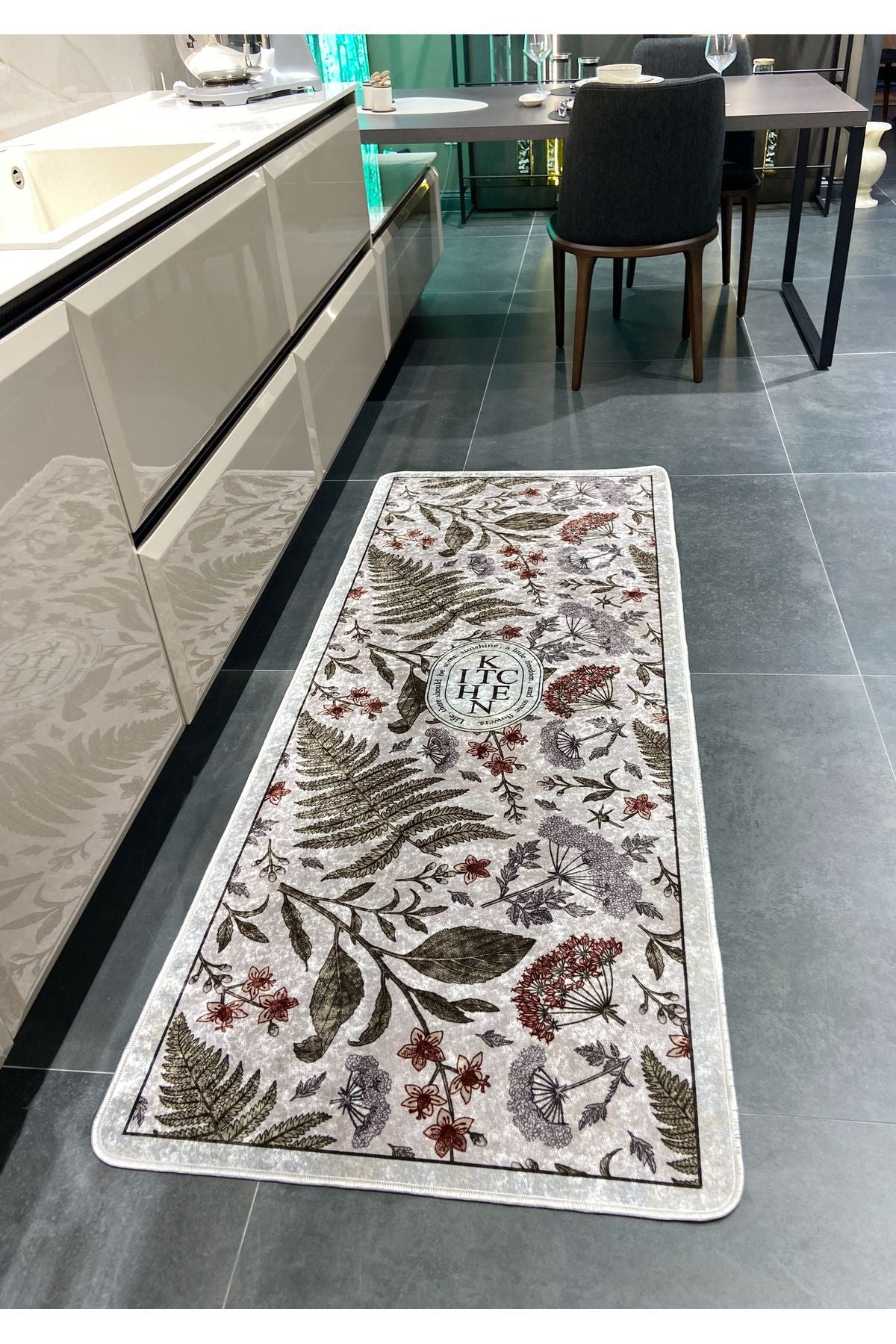 Floral Pattern Latex Leather-Backed Kitchen Rug GRAY