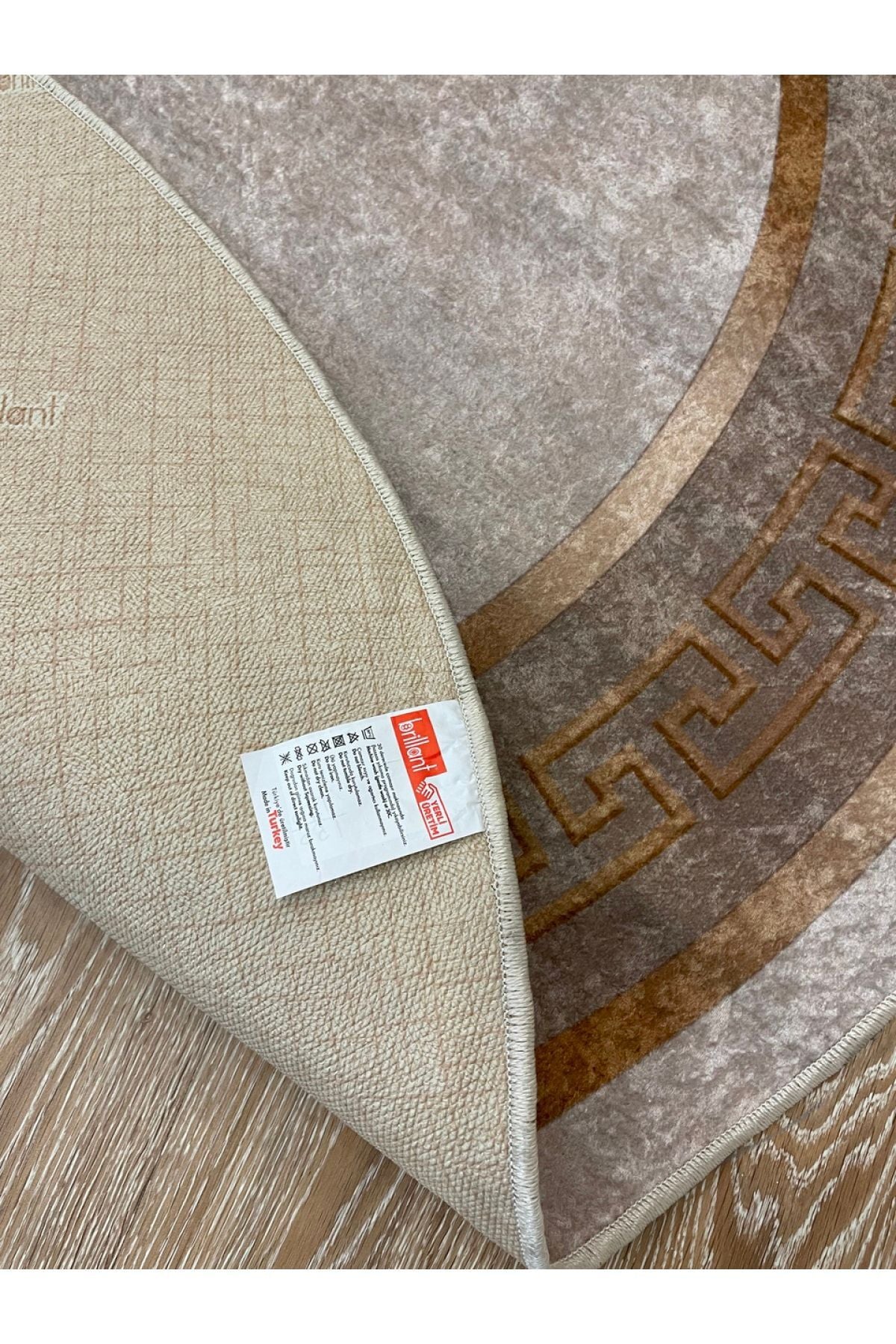 Classic Striped Pattern Round Latex Leather Base Fringeless Living Room Rug - Golden Brown