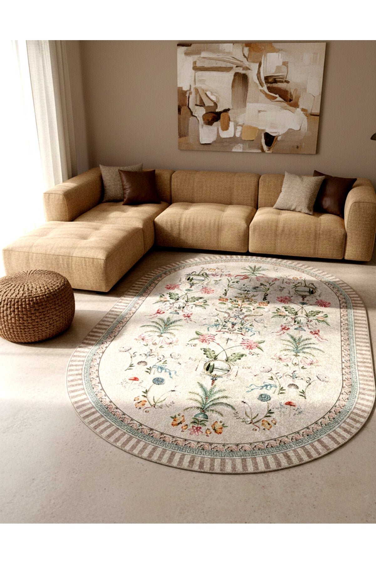 Beige Floral Bird Patterned Latex Leather Base Rug
