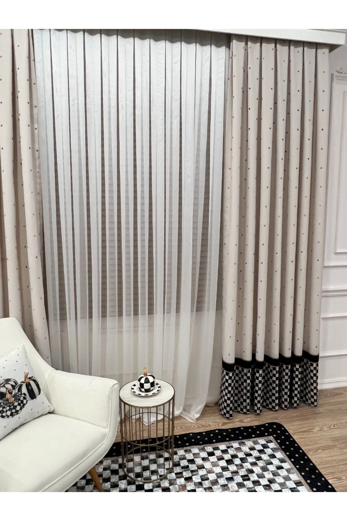 1/3 Dense Pleated Checkered Curtain Panel - Beige-Black