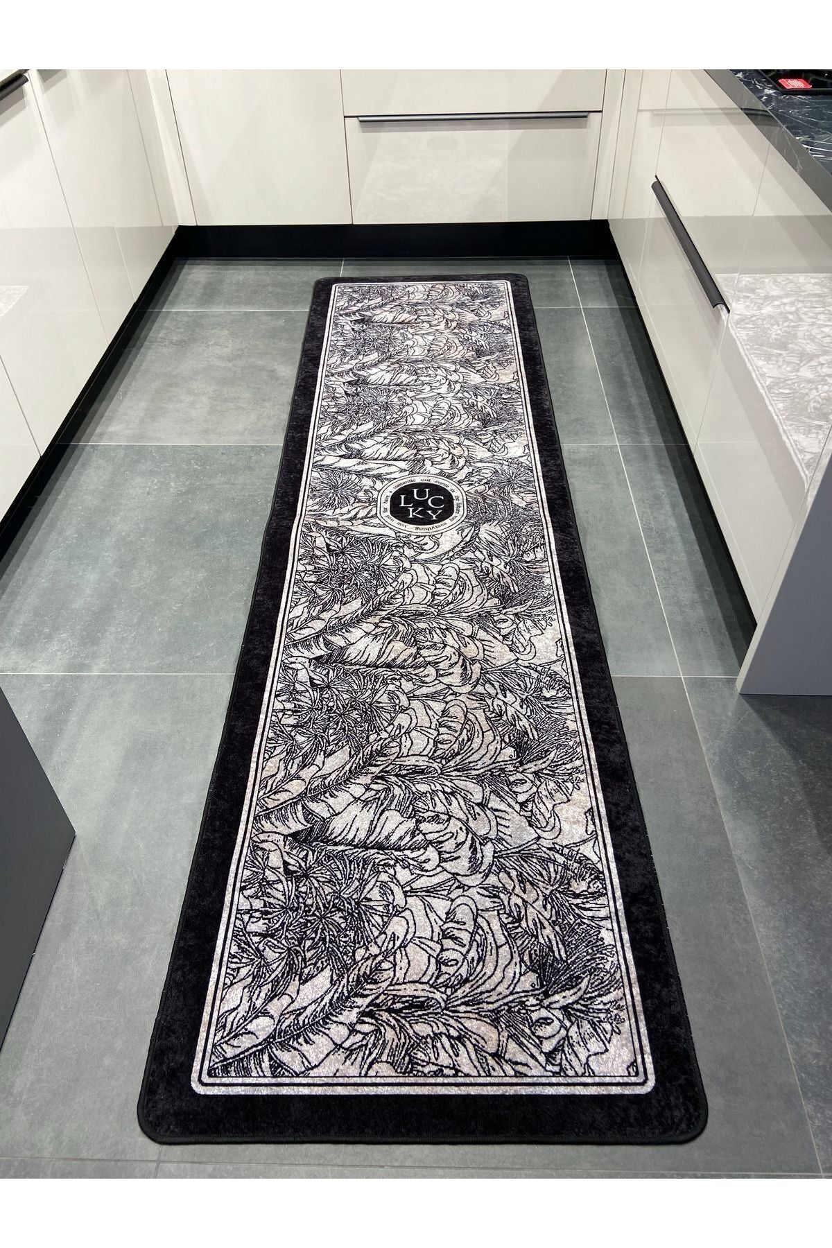 Floral Lucky Pattern Latex Leather-Backed Kitchen Rug BLACK-GRAY
