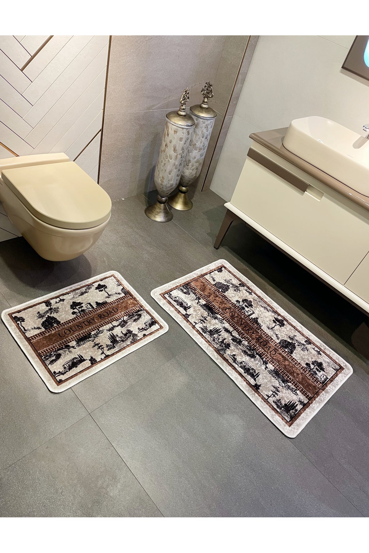 2 li Kahverengi 60x100 - 60x50 Country Desenli Lateks Taban Banyo Paspas