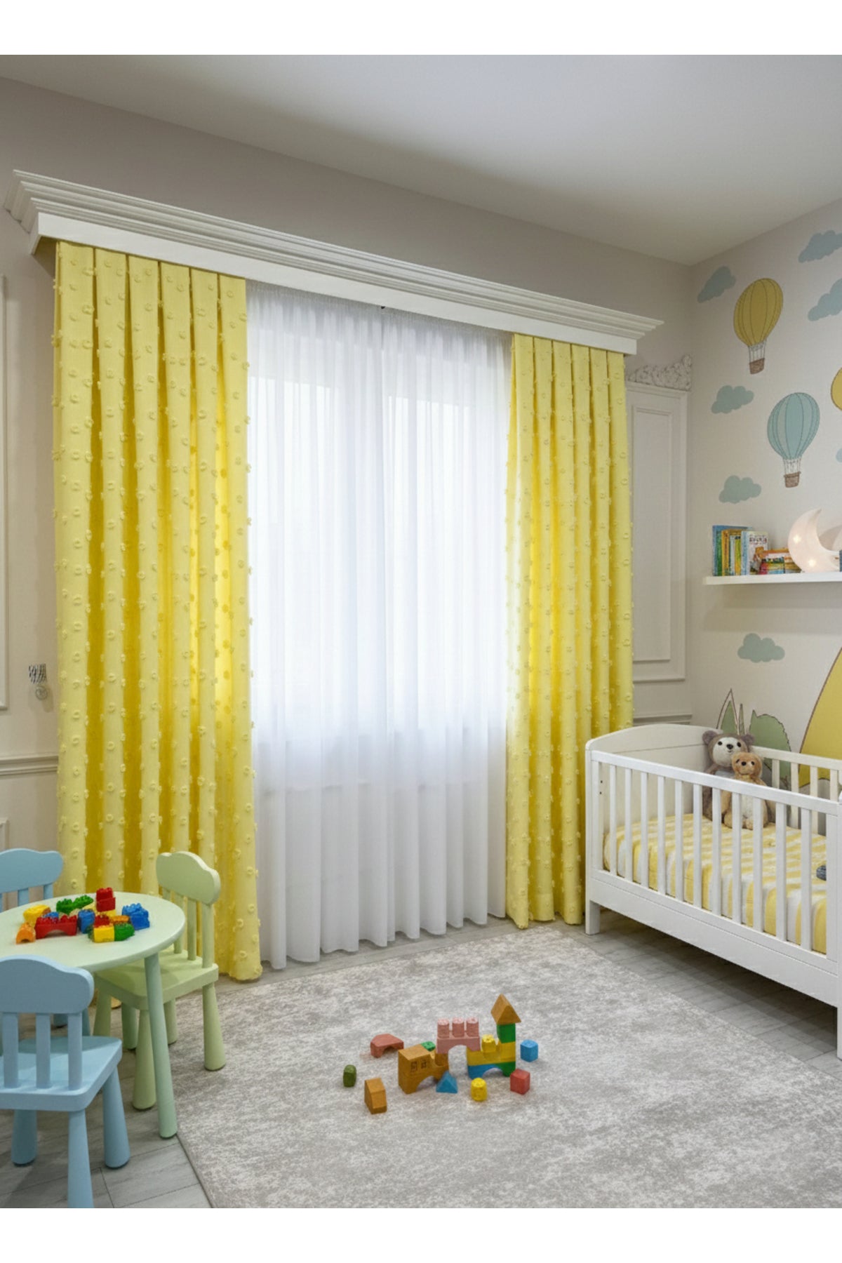 Blue Children's Room Pompom Puffy Blackout Curtain 1/3 Dense Pleating
