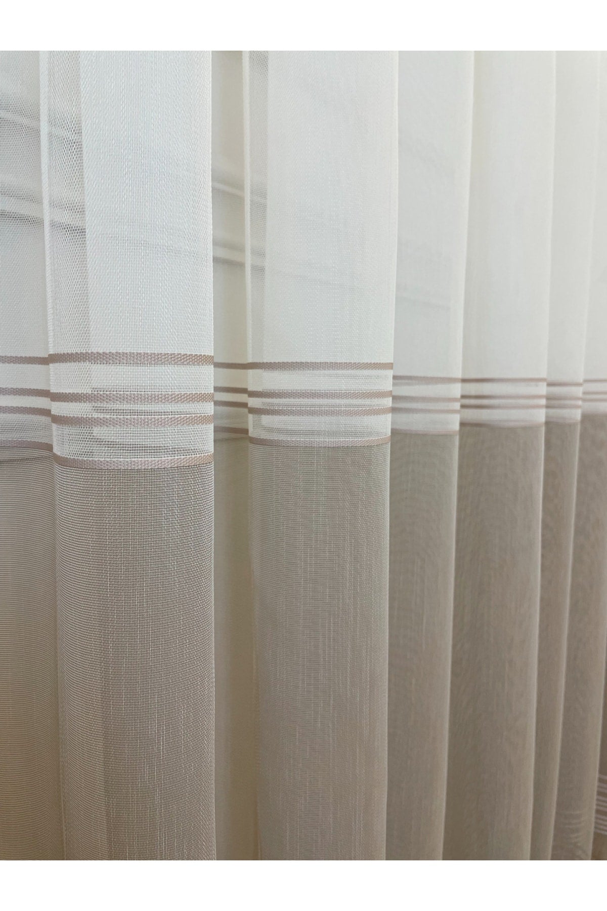 Modern Geçişli 1/2,5 Pile - Ekru Kahvrengi / Pudra Çizgili Tül Perde