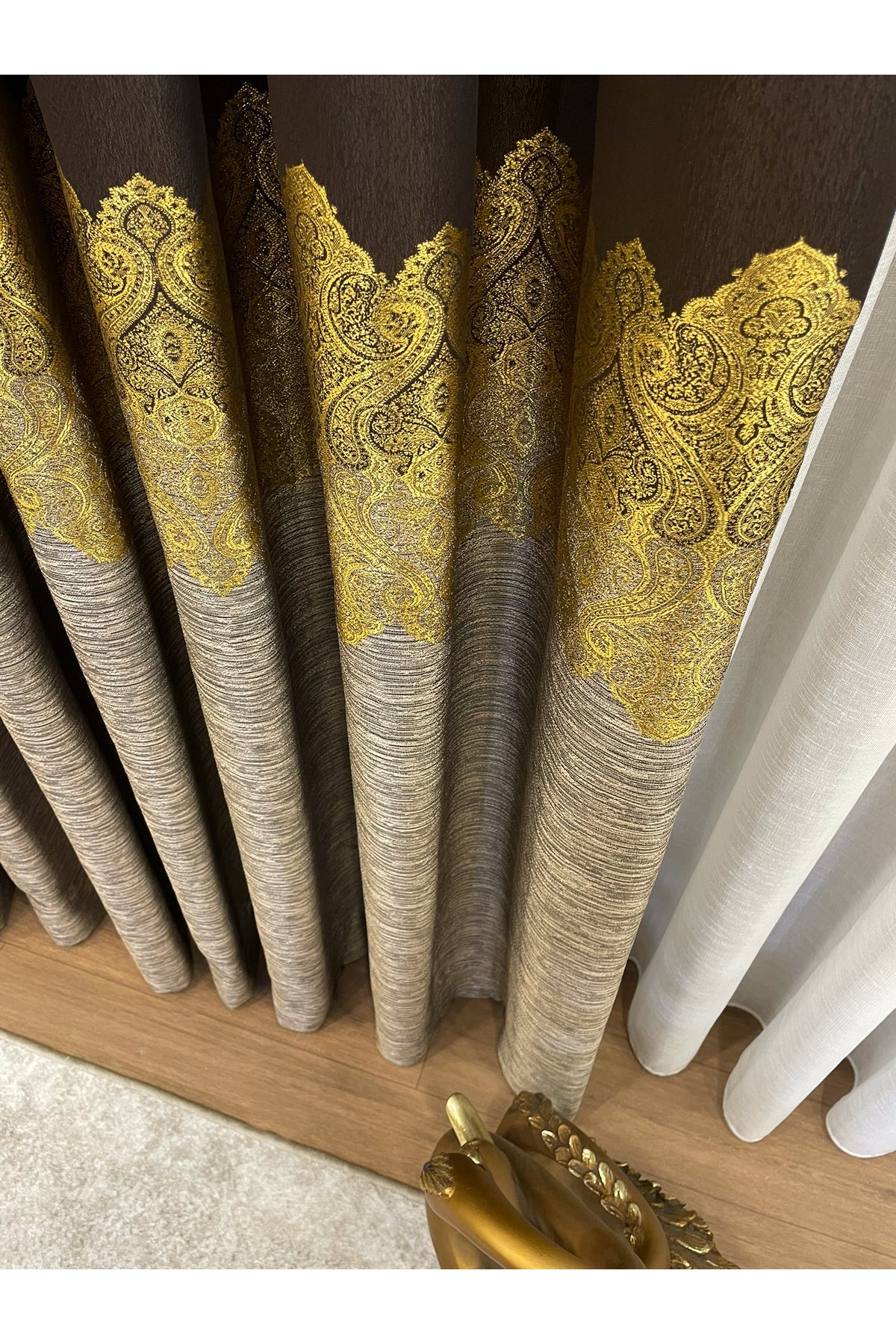 Brown Gold - Damask Patterned 1/3 Dense Pleated Blackout Curtain