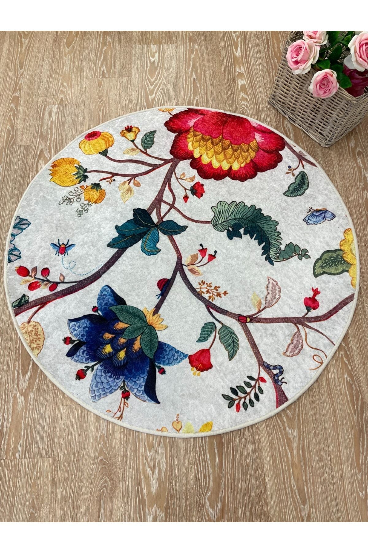 Floral Pattern Decorative Leather-Backed Round Rug - Gray