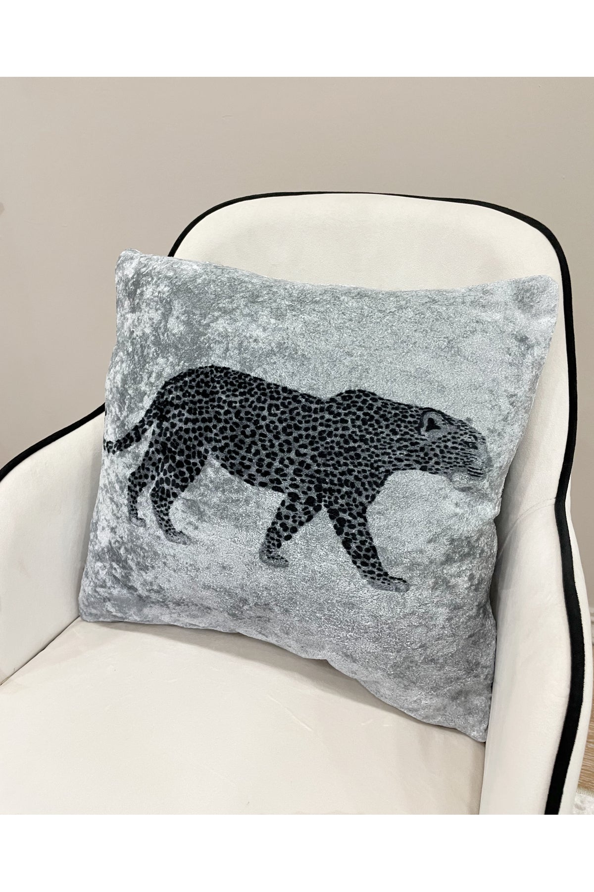Leopar Desen Kadife Kırlent Yastık Kılıfı ( GRİ)