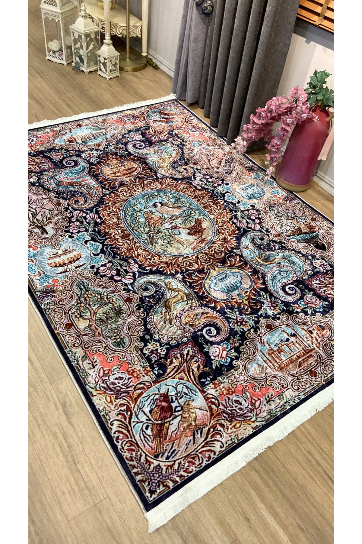 Bird Motif Classic Pattern Fringed Latex Base Rug