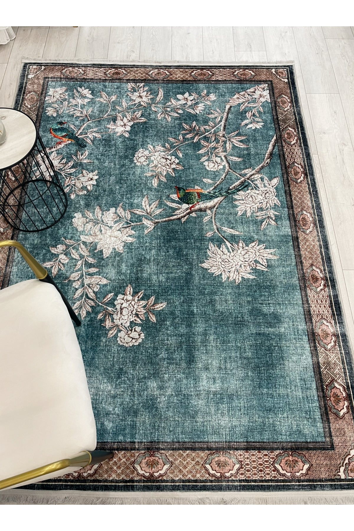 Soft Blue Bird Pattern Bordered Non-Slip Rug