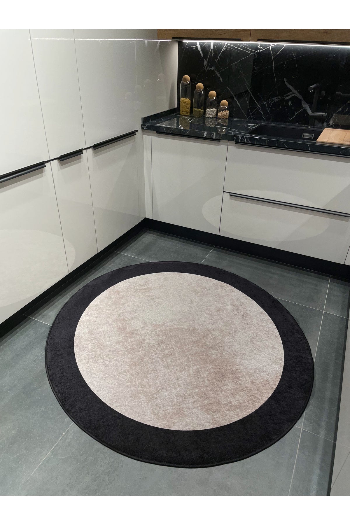 Geometric Striped Latex Leather Backing Fringeless Kitchen Rug - Beige-Black